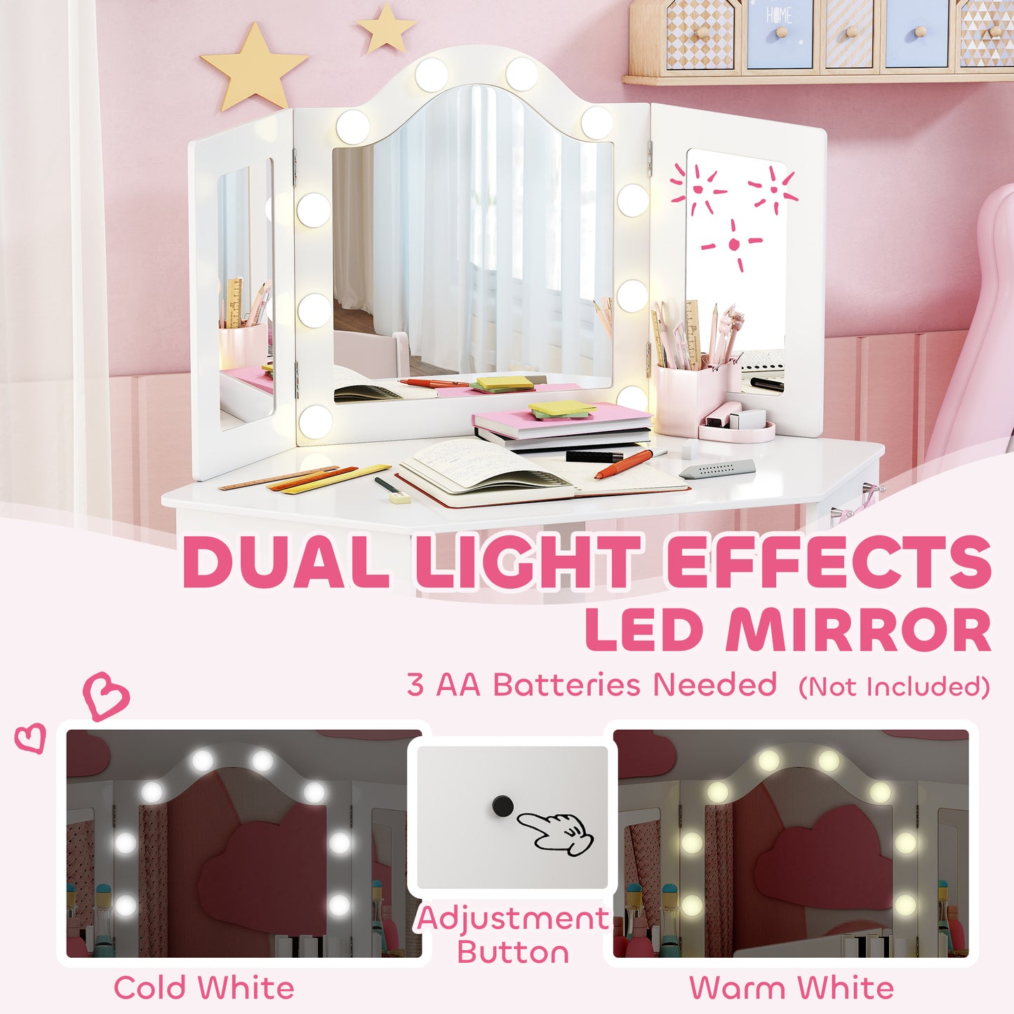 AIYAPLAY Kids Dressing Table and Stool Set, Girls Vanity Table with 2-Colour LED Lights, Tri-Folding Mirror, White