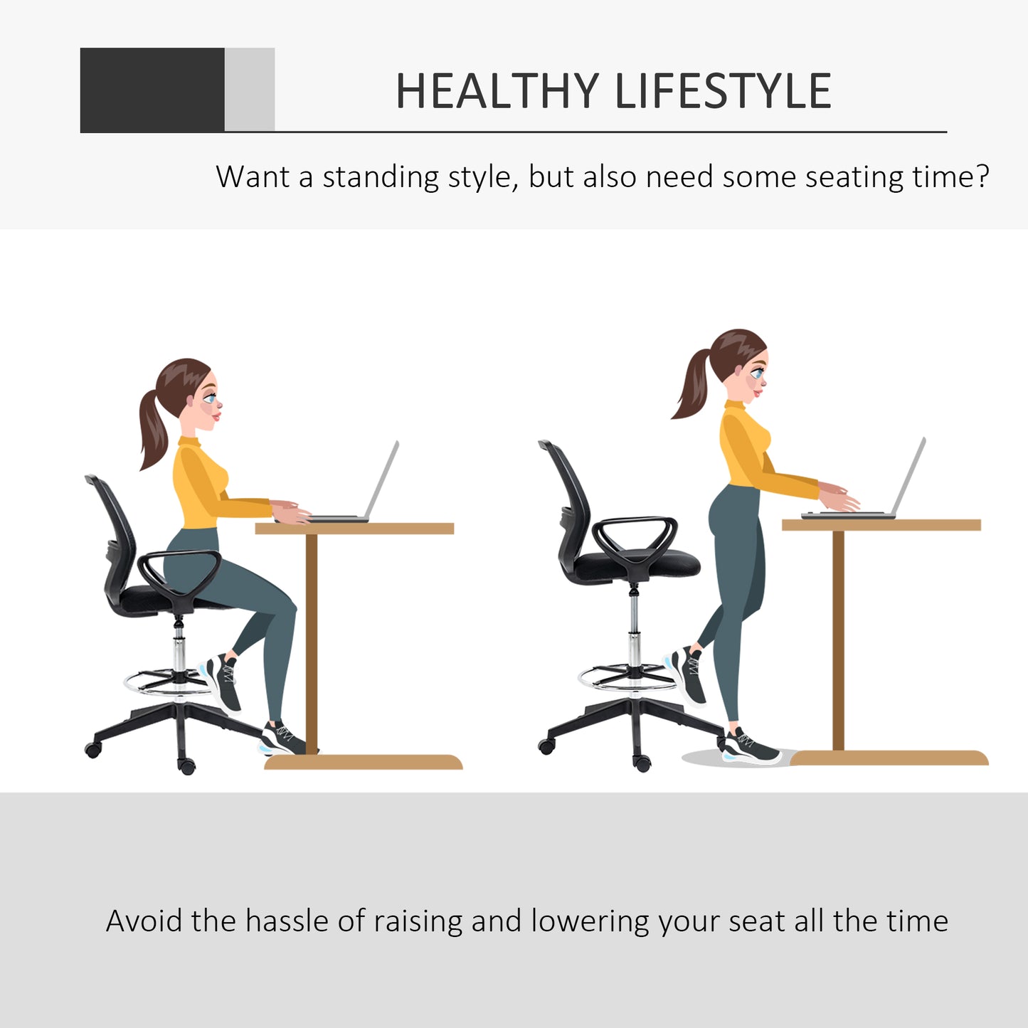 Vinsetto Ergonomic Mesh Back Draughtsman Chair, Tall Standing Desk Chair with Adjustable Height and Footrest 360° Swivel, Black