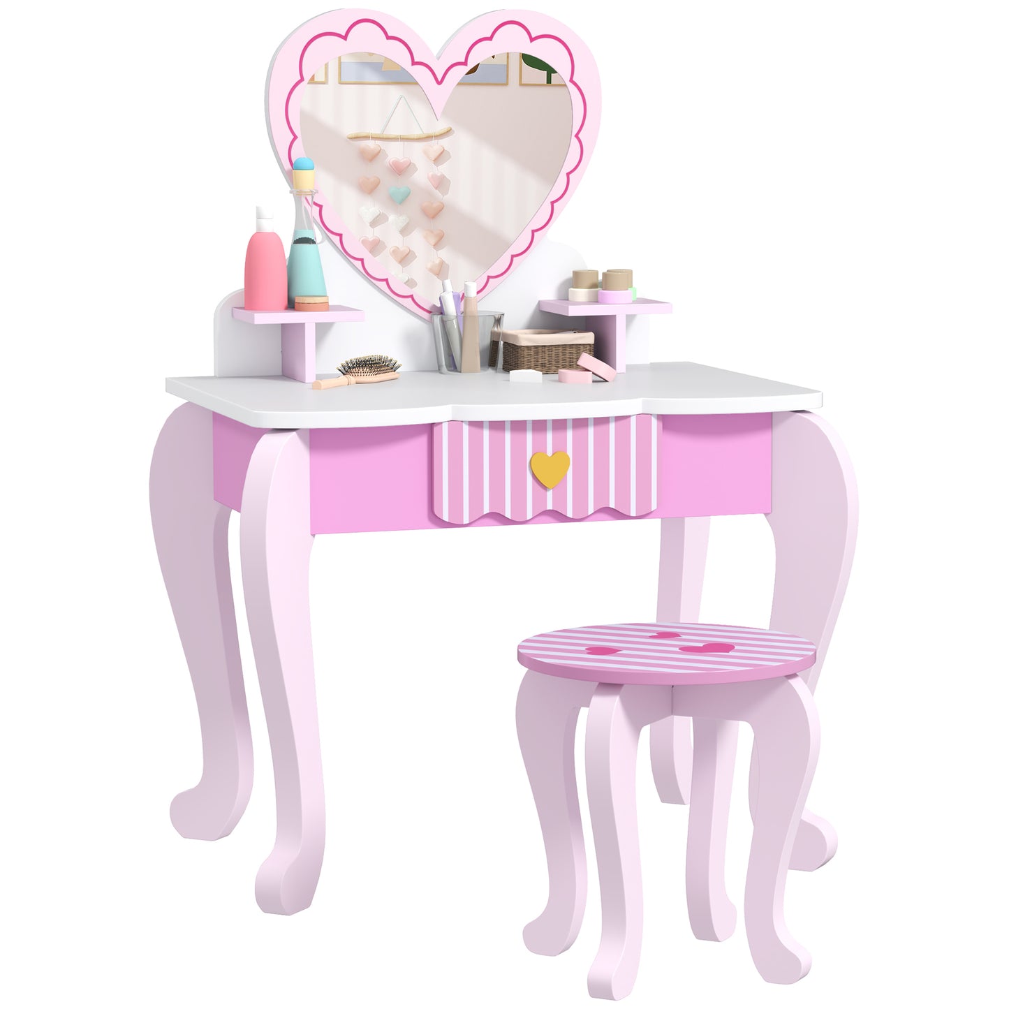 AIYAPLAY Kids Dressing Table Set, Vanity Table with Stool, Mirror, Drawer, Desktop Storage, Heart Theme, Pink