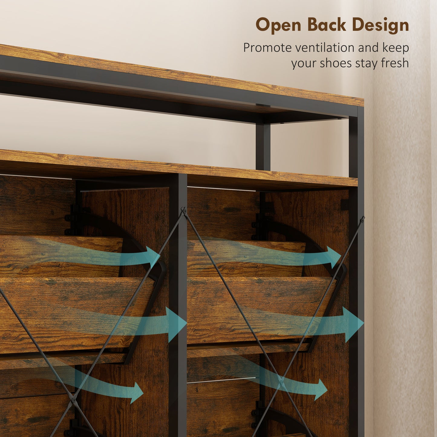 HOMCOM Shoe Storage Cabinet with 4 Flip Drawers and Open Shelf - Rustic Brown