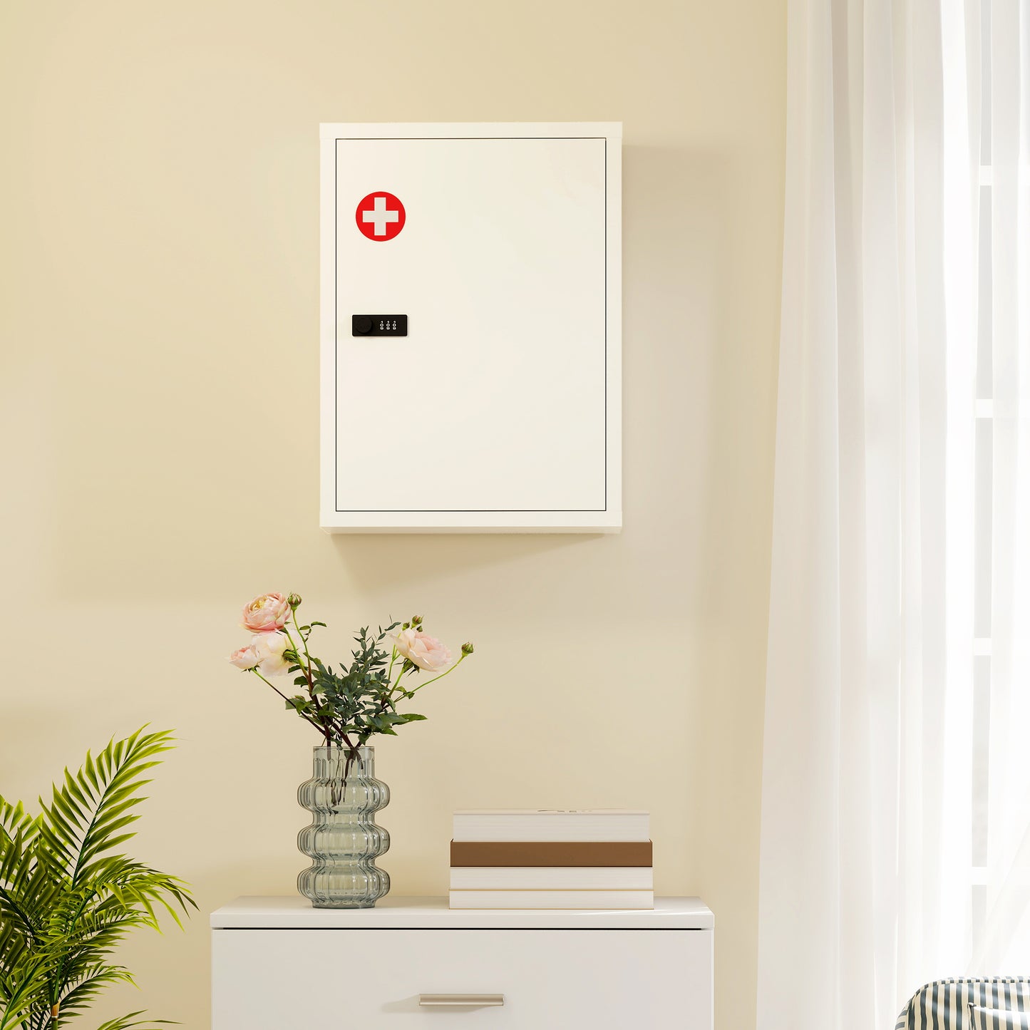 HOMCOM Wall Mount Medicine Cabinet, Bathroom Cabinet with Combination Lock, Door and Storage Shelves, White