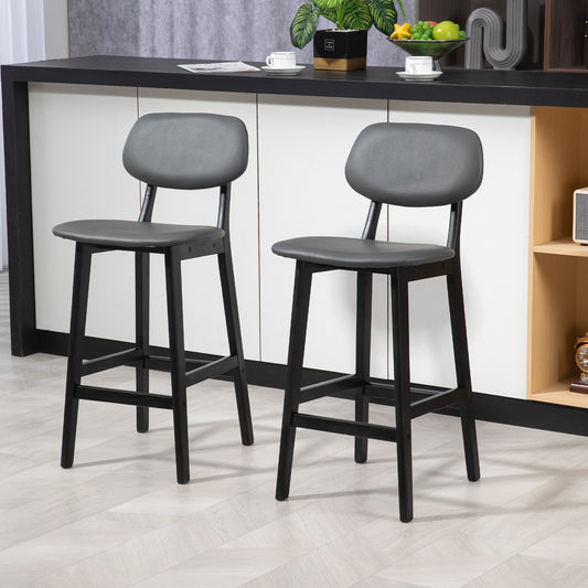HOMCOM Bar Stools Set of 2, Breakfast Bar Chairs, PU Leather Upholstered Kitchen Stools with Backs, Footrests and Solid Wood Legs, Dark Grey