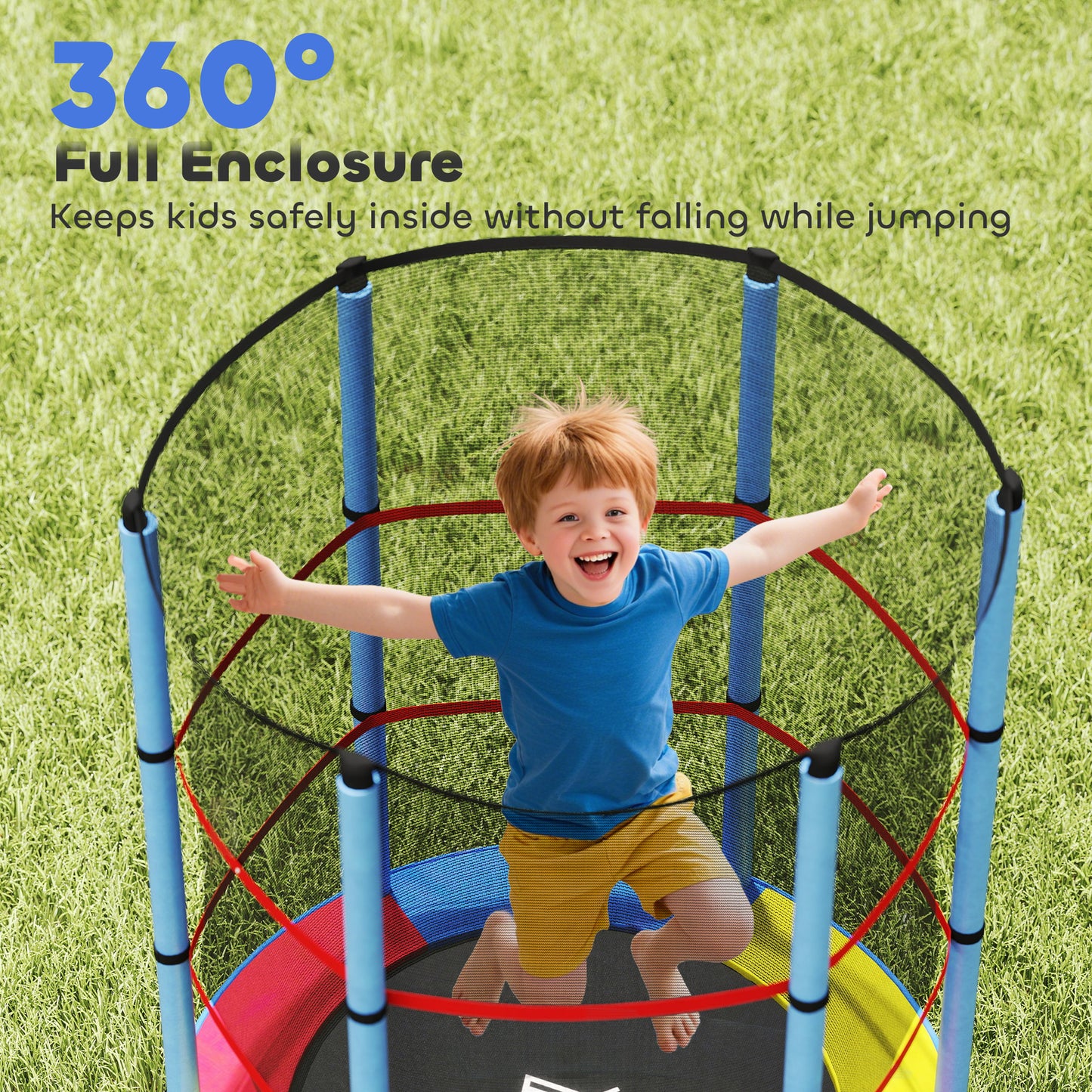 HOMCOM Kids Trampoline, with Enclosure Net, Steel Frame, for Ages 3-6 Years - MultiColoured