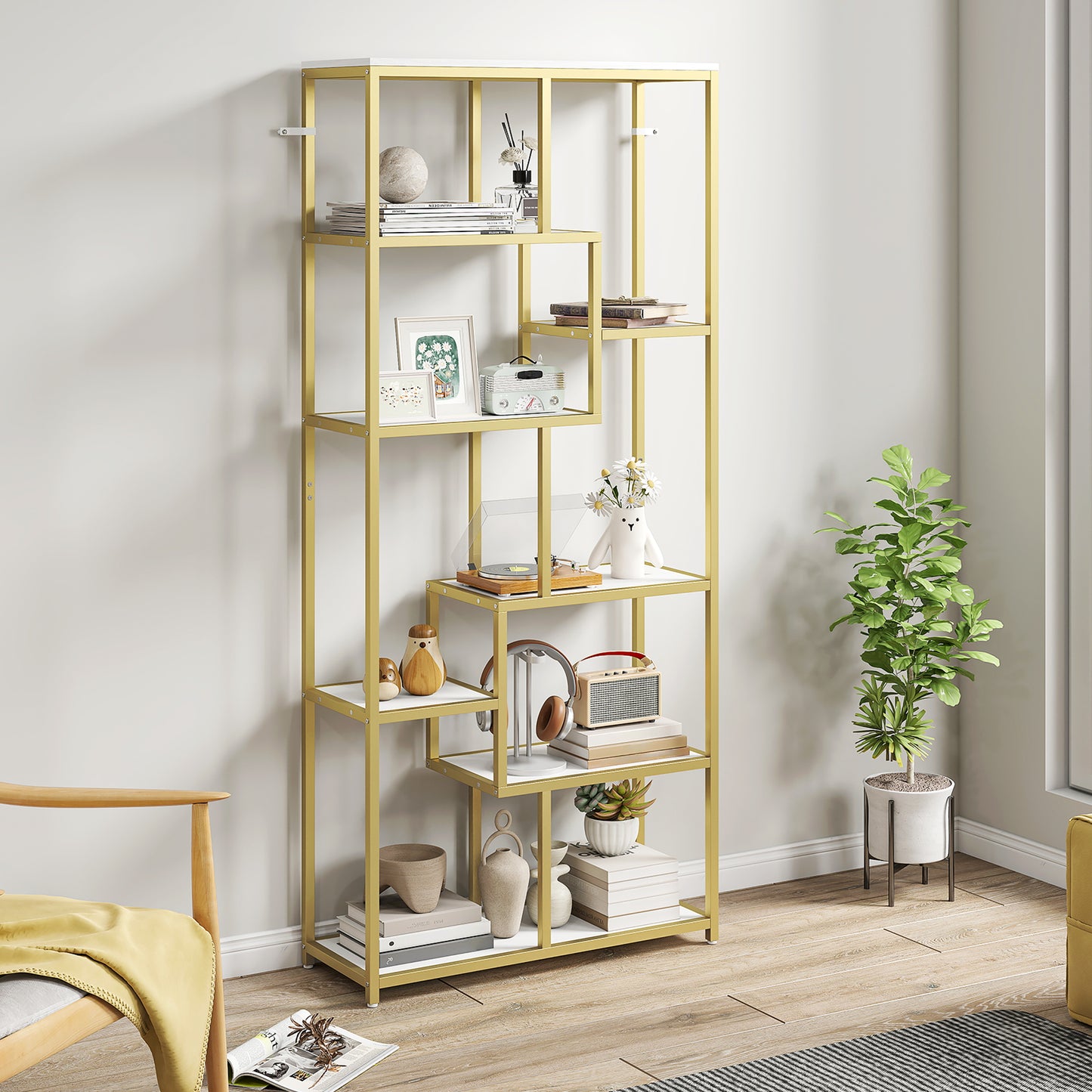 HOMCOM Seven-Tier Geometric Bookcase - White/Gold Tone
