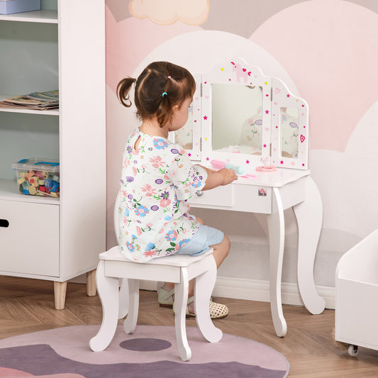 HOMCOM Kids Vanity Table and Chair Set with Tri-Folding Mirror and Stool, Makeup Dressing Table with Drawer, White