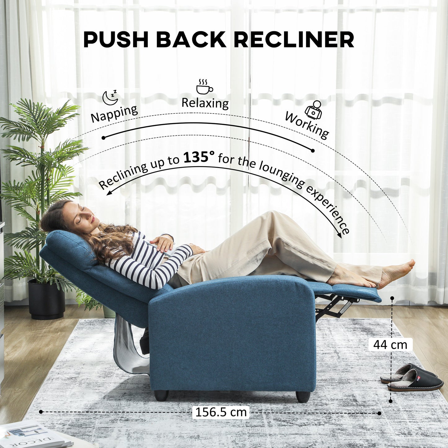 HOMCOM 135° Push Back Recliner Armchair, with Footrest - Blue