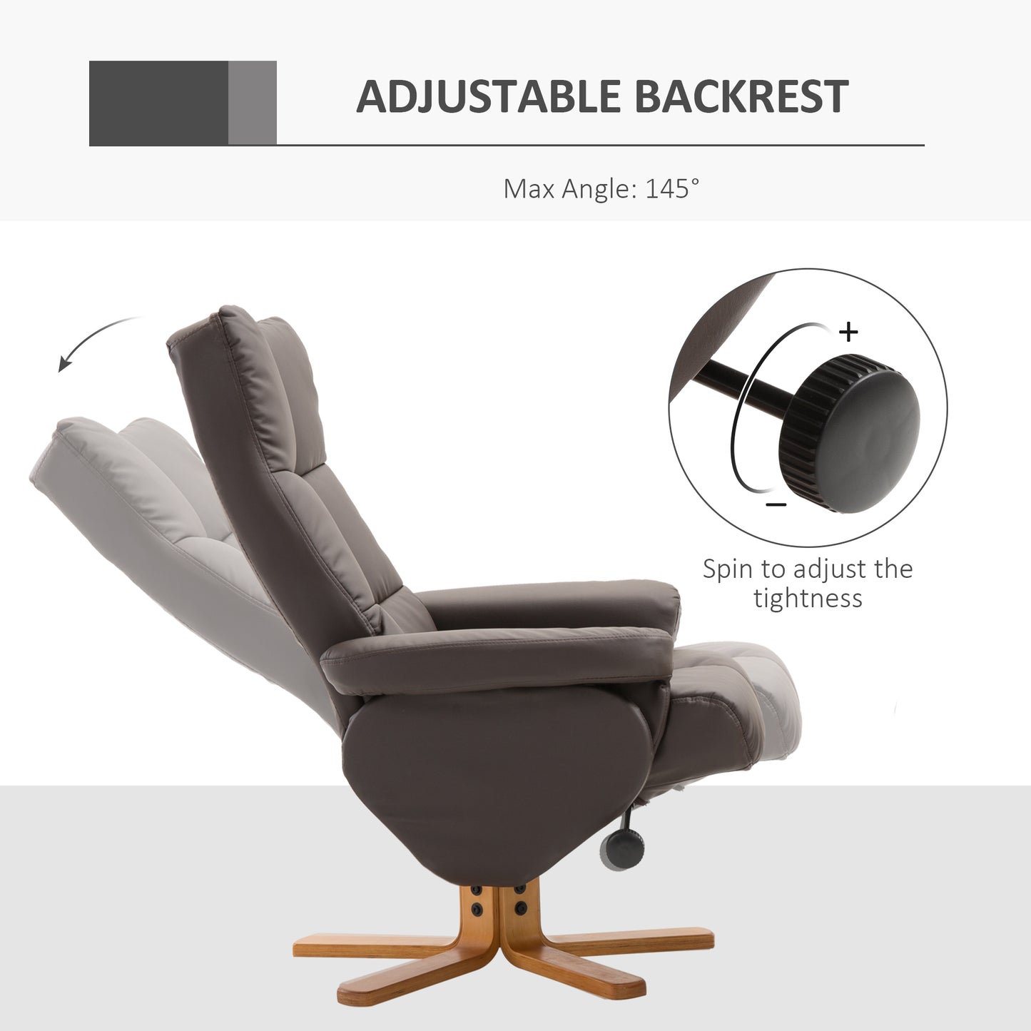 HOMCOM PU Leather Swivel Recliner Chair with Footstool, Wooden Base and Storage for Living Room, Brown