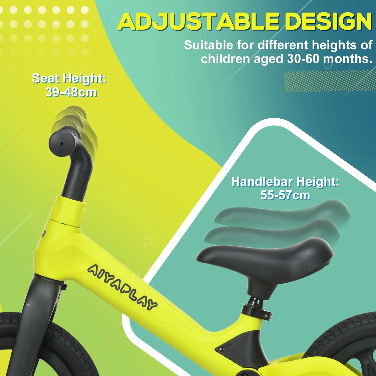 Balance Bike with Adjustable Seat and Handlebar, PU Wheels, No Pedal, for Ages 30-60 Months - Green