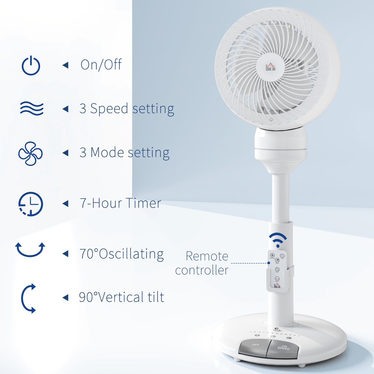 HOMCOM 9'' Air Circulator Fan 3 Speed 3 Mode, 70° Oscillation 90° Vertical Tilt, Remote Controller, for Living Room, Bedroom, Office, White