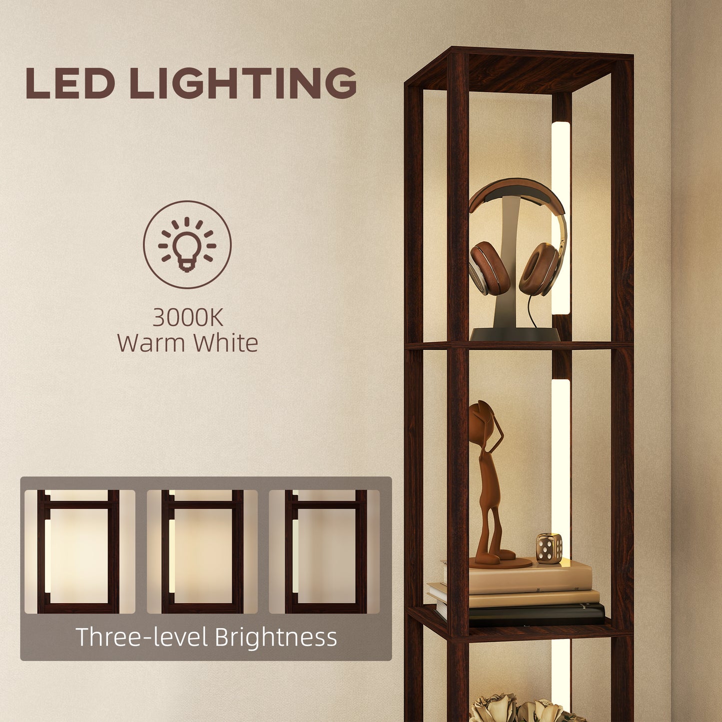 HOMCOM Floor Lamp with Shelves, LED Column Modern Standing Lamp with Fabric Drawer, Adjustable Brightness, Foot Switch for Living Room, Bedroom, Office, Dark Brown