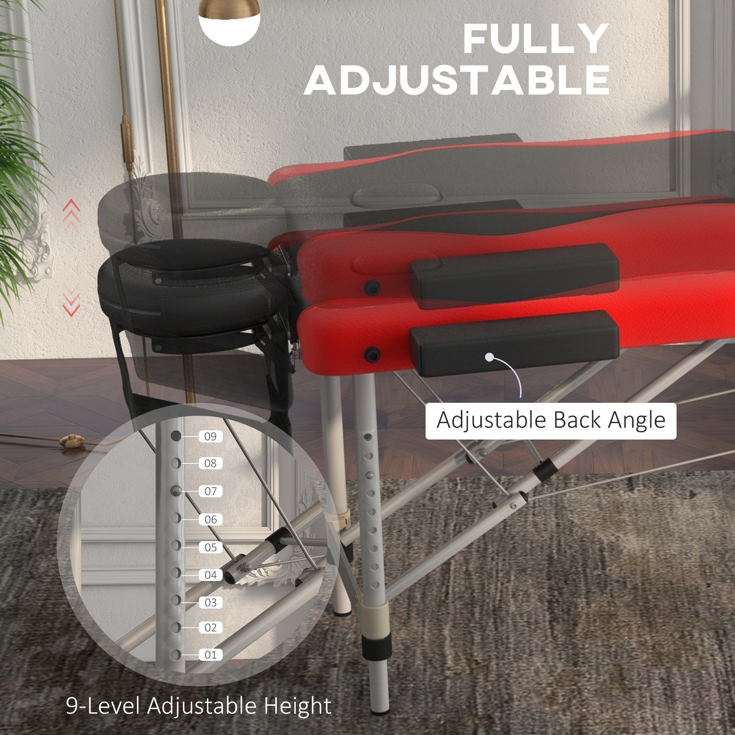 HOMCOM Foldable Massage Bed Portable Table, 3-Section Aluminium Foldable Beauty Couch, Professional Salon Spa Table with Headrest Support and Carry Bag, 60 cm Width, Black and Red