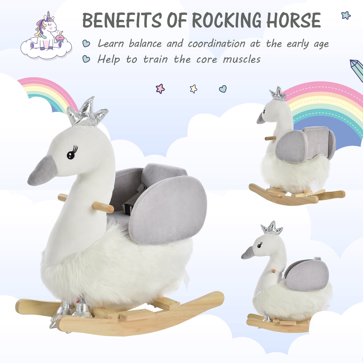HOMCOM Kids Rocking Horse, Children Plush Ride On Swan Animal Rocker w/ Sound, Wood Base Seat, Safety Belt, Baby Toy Rocker for Toddler 18 - 36 Months, White and Grey