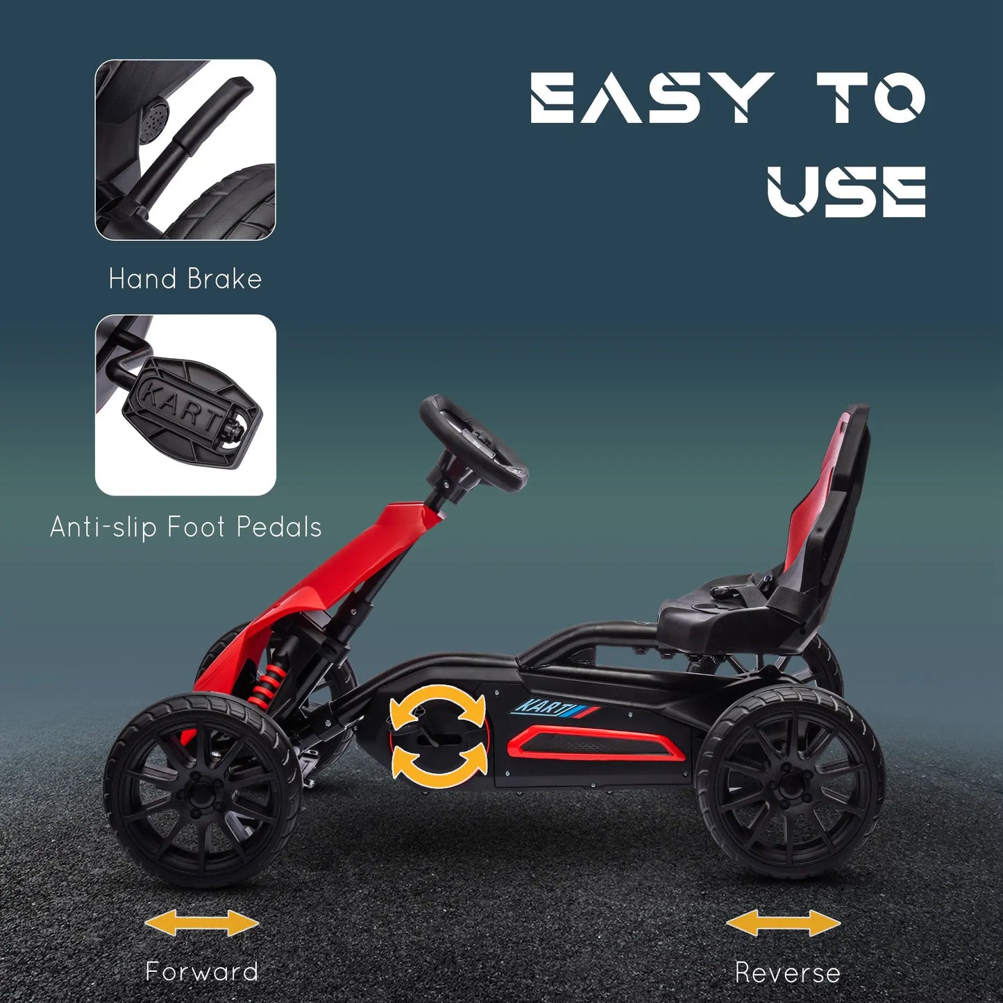 Kids Pedal Go Kart, with Adjustable Seat, EVA Wheels, Seat, Handbrake - Red