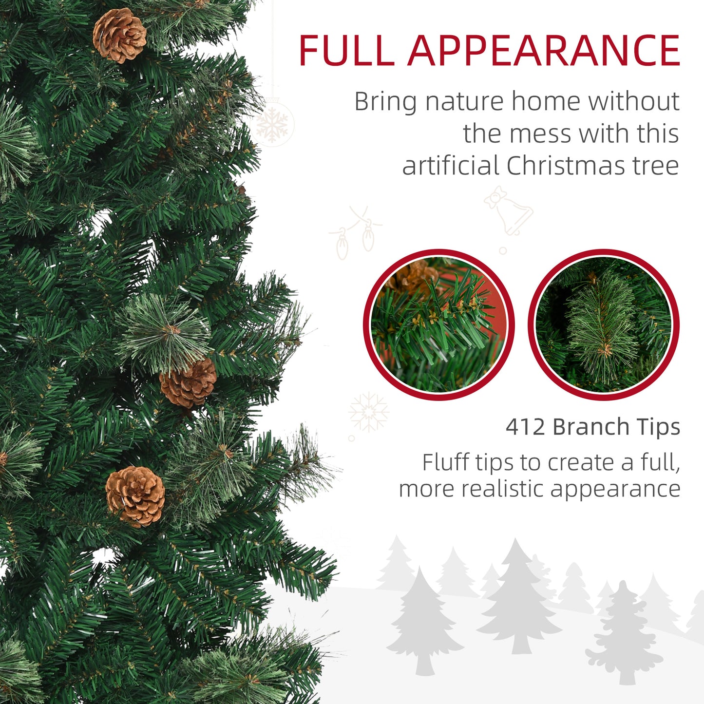 HOMCOM 5.5FT Tall Pencil Slim Artificial Christmas Tree with Realistic Branches, Tip Count and Pine Cones, Pine Needles Tree, Xmas Decoration, Green