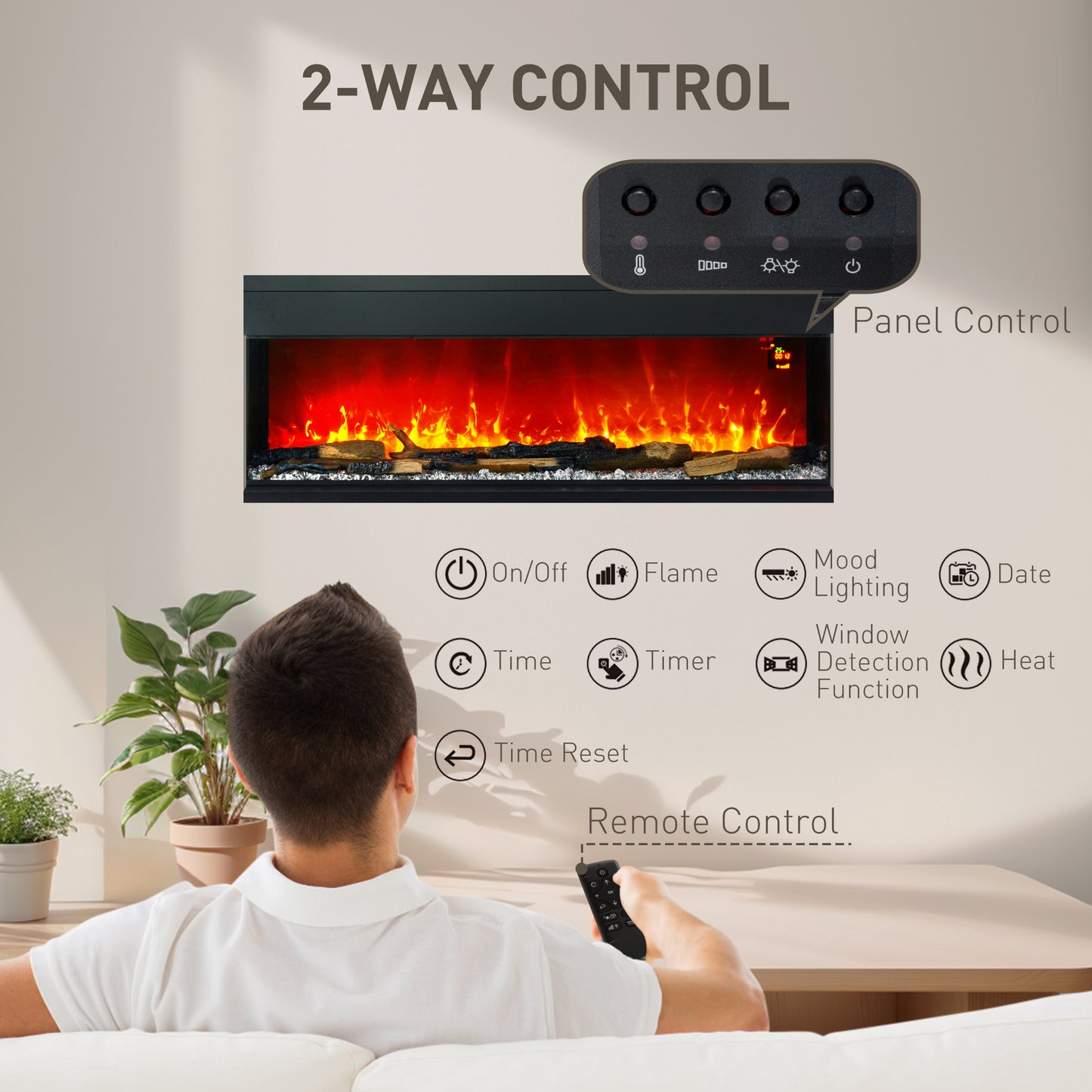 HOMCOM 1800W 15-40℃ Adjustable Flame Glass Panel Convector Heater, 127cm