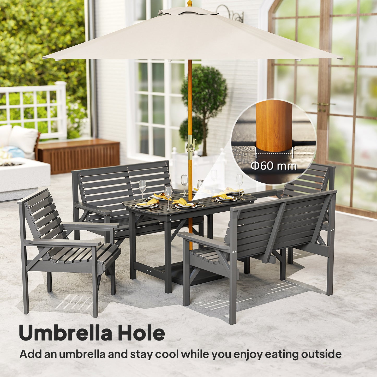 Outsunny 5 Piece Wooden Garden Dining Set for 6, Outdoor Conversation Set with 2 Armchairs, 2 Loveseats and Dining Table with Umbrella Hole for Patio, Balcony, Grey
