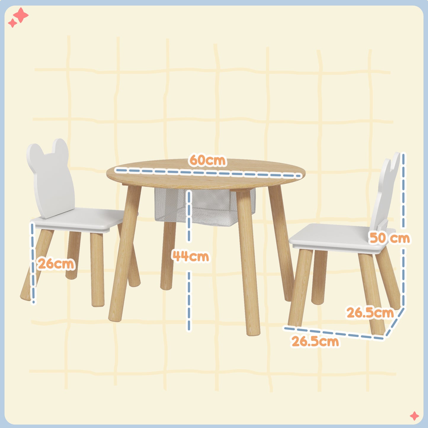 AIYAPLAY 3-Piece Kids Activity Table Set with Centre Mesh Bag, Bear-Shaped Backrest, for Arts and Crafts, Reading, Dining