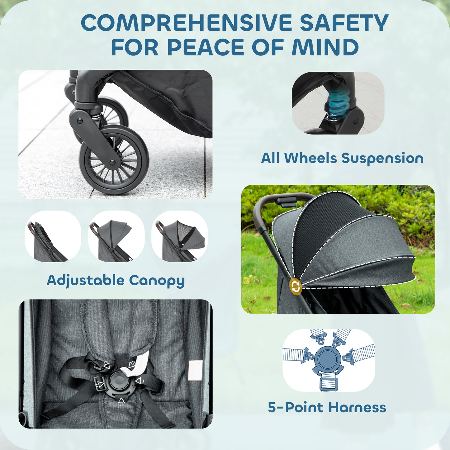 AIYAPLAY Foldable Baby Stroller with Adjustable Seat, 5-Point Harness, Canopy, Basket, 6.3kg Lightweight & Compact, Dark Grey