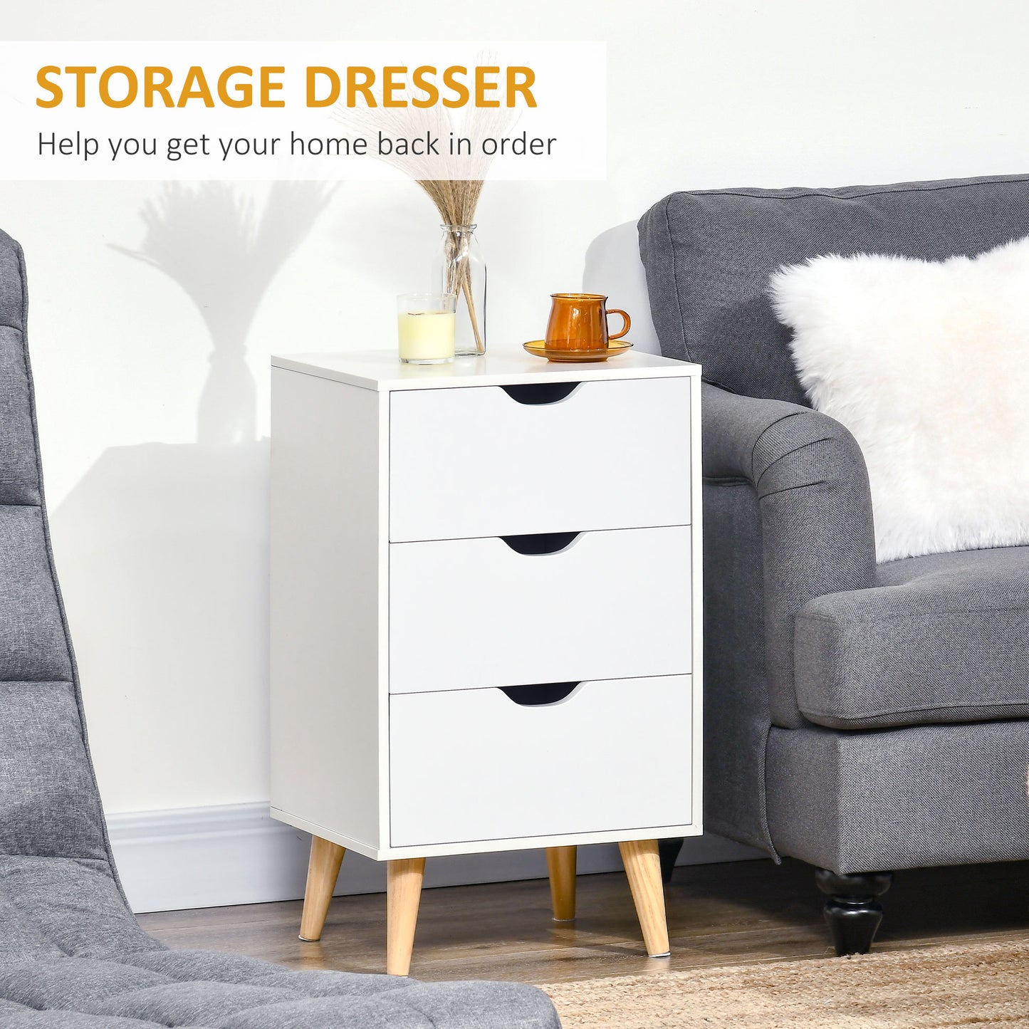 HOMCOM Bedside Table, Bedside Cabinet with 3 Drawers, Side End Table with Pine Wood Legs for Bedroom Living Room, Cream White