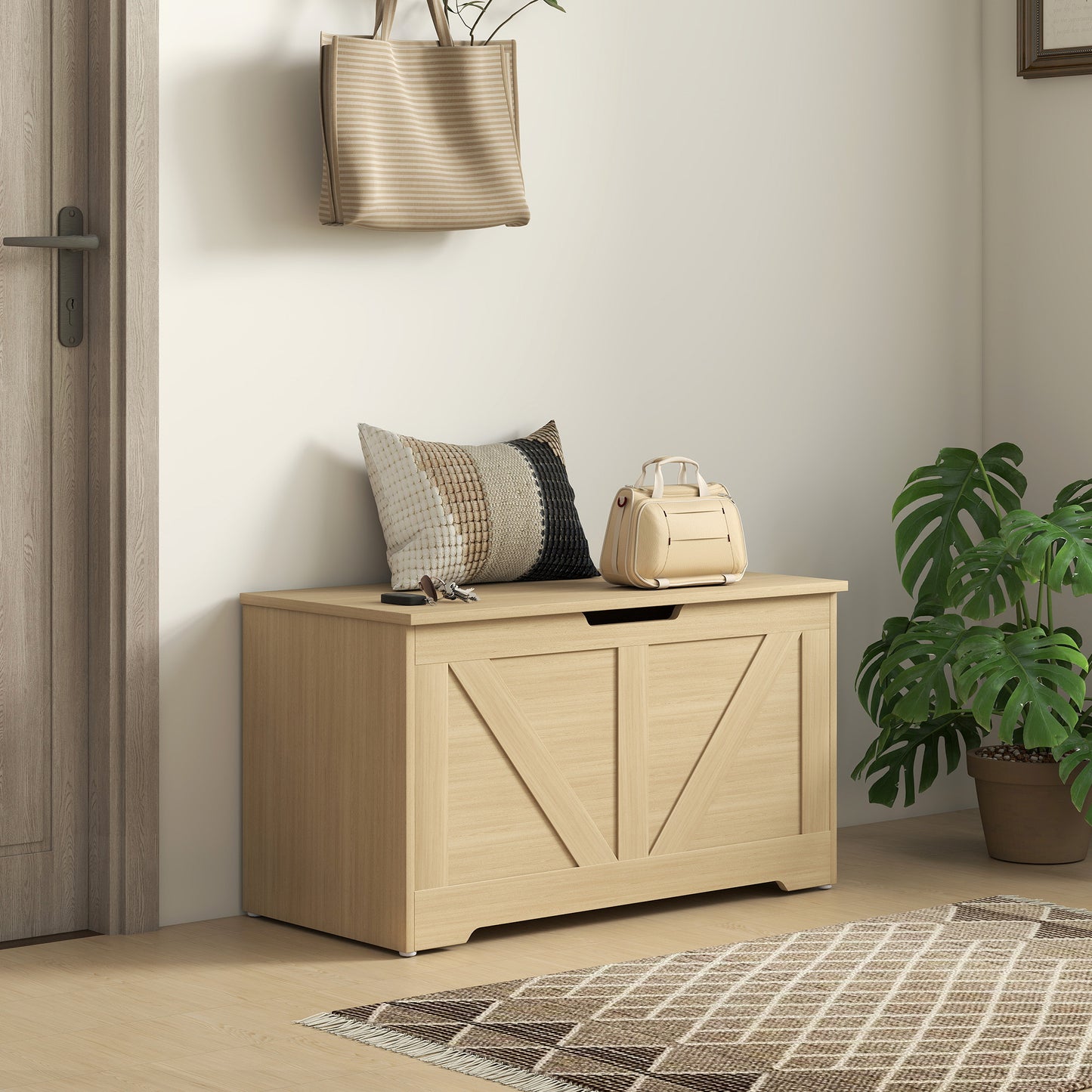 HOMCOM 100L Home Storage Box, with Safety Hinges - Natural Wood Finish