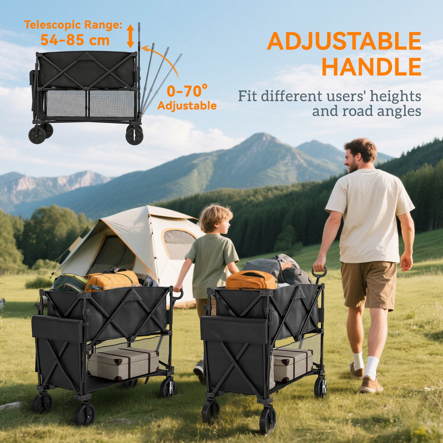 Outsunny Double Decker Folding Festival Trolley on Wheels, 200KG & 350L Capacity Collapsible Wagon Festival Trolley Cart with 134cm Extended for Camping Sports Shopping Garden and Beach, Black