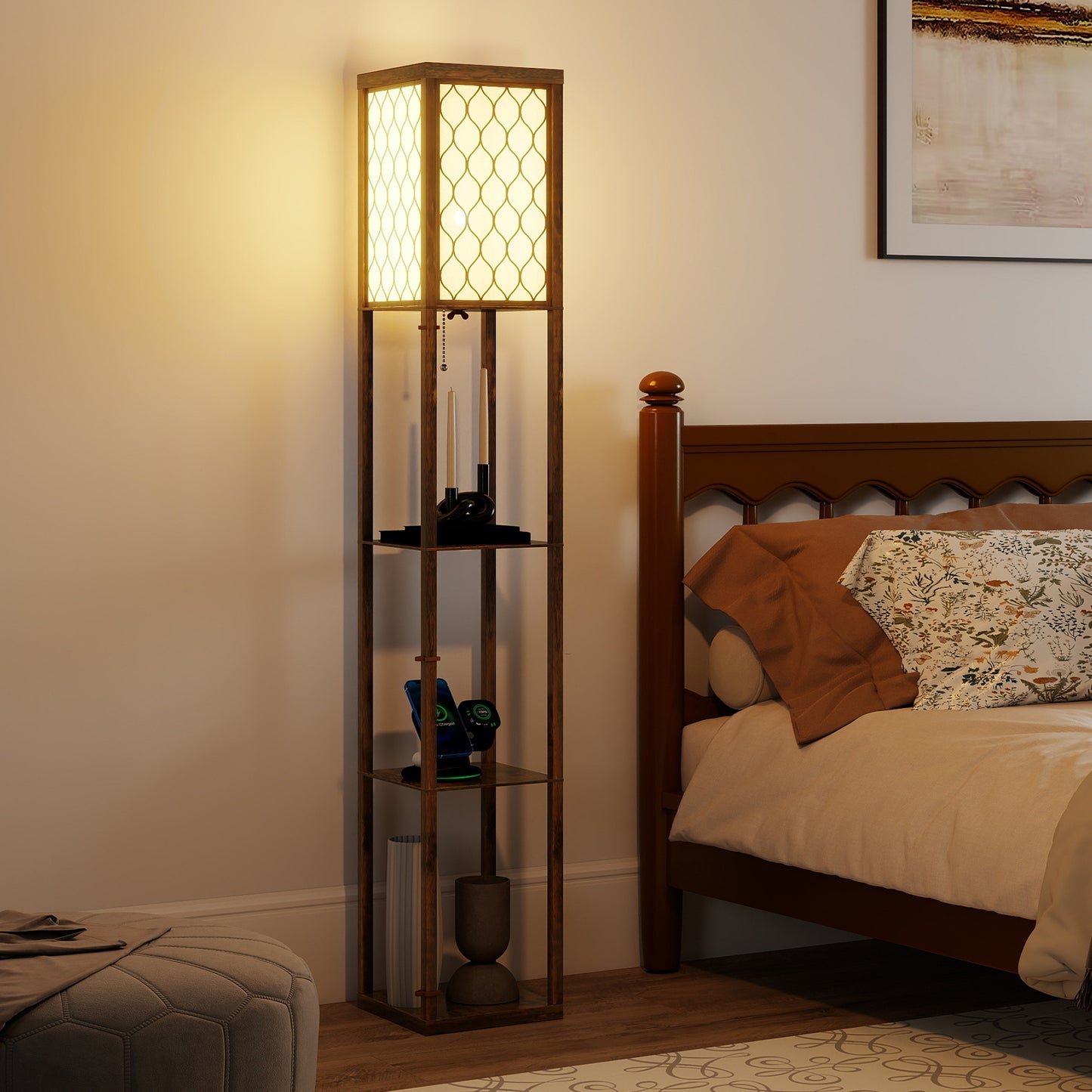 HOMCOM Three-Shelf Standing Lamp - Rustic Brown/White