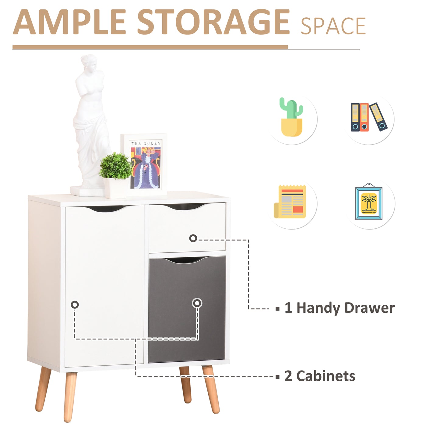 HOMCOM Sideboard Floor Cabinet Storage Cupboard with Drawer and Solid Wood Legs for Bedroom, Living Room, Entryway, Grey