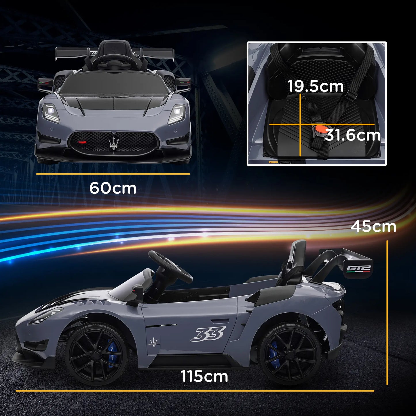 Maserati GT2 Licensed 12V Kids Electric Ride on Car with 4 Suspension Wheels, Remote Control, Music, Horn, Lights, Grey
