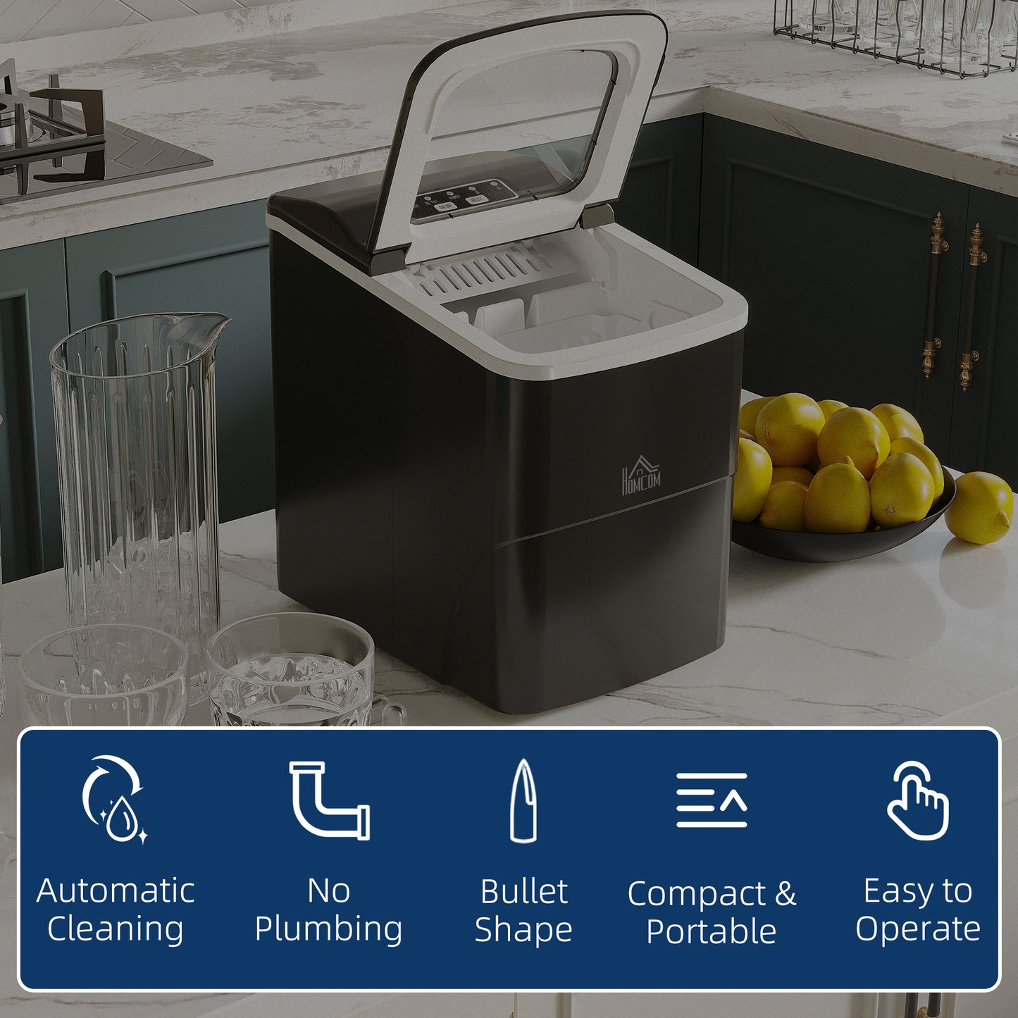 HOMCOM Countertop Ice Machine, 12Kg in 24 Hrs, 9 Cubes Ready in 8 Mins, Portable Ice Cube Maker w/ Self-Cleaning, Adjustable Ice Size, Ice Scoop, Basket for Home, Kitchen, No Plumbing Required, Black