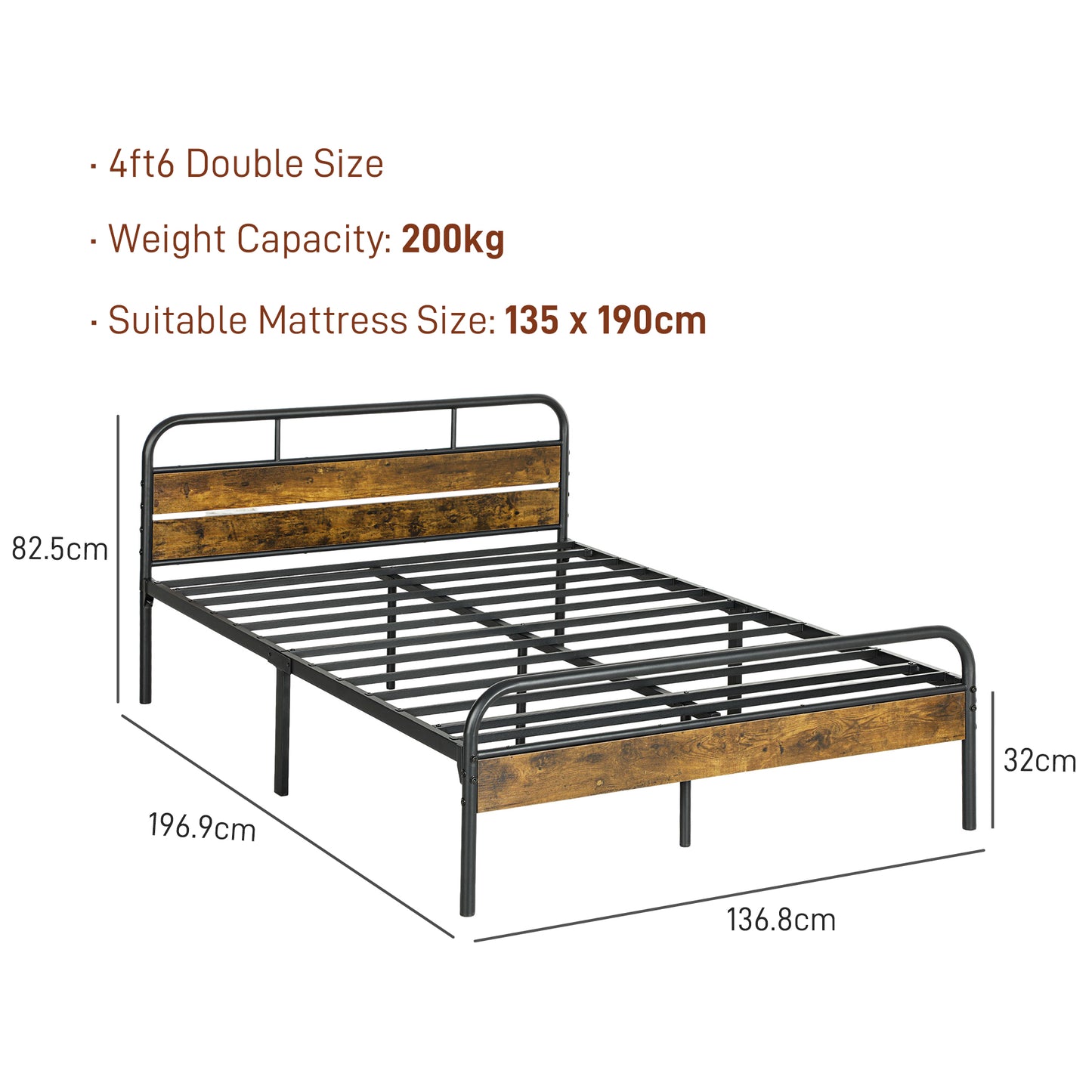 HOMCOM Industrial-Style Double Bed Frame - Black/Brown