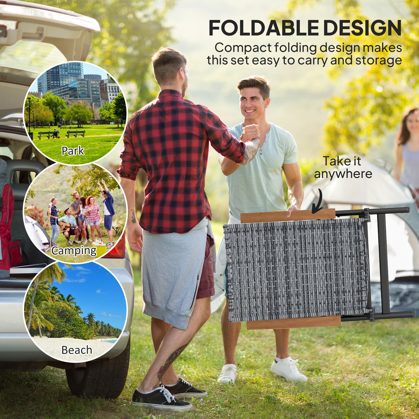 Outsunny 2 Pieces Folding Rattan Garden Dining Chairs with 5-level Reclining High Back, Wood Armrests for Outdoor - Light Grey