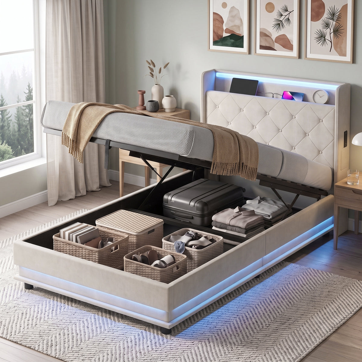 HOMCOM 3ft Single Bed Frame with Headboard, Platform Bed Frame with Hydraulic Storage, LED Lights and Charging Station, White