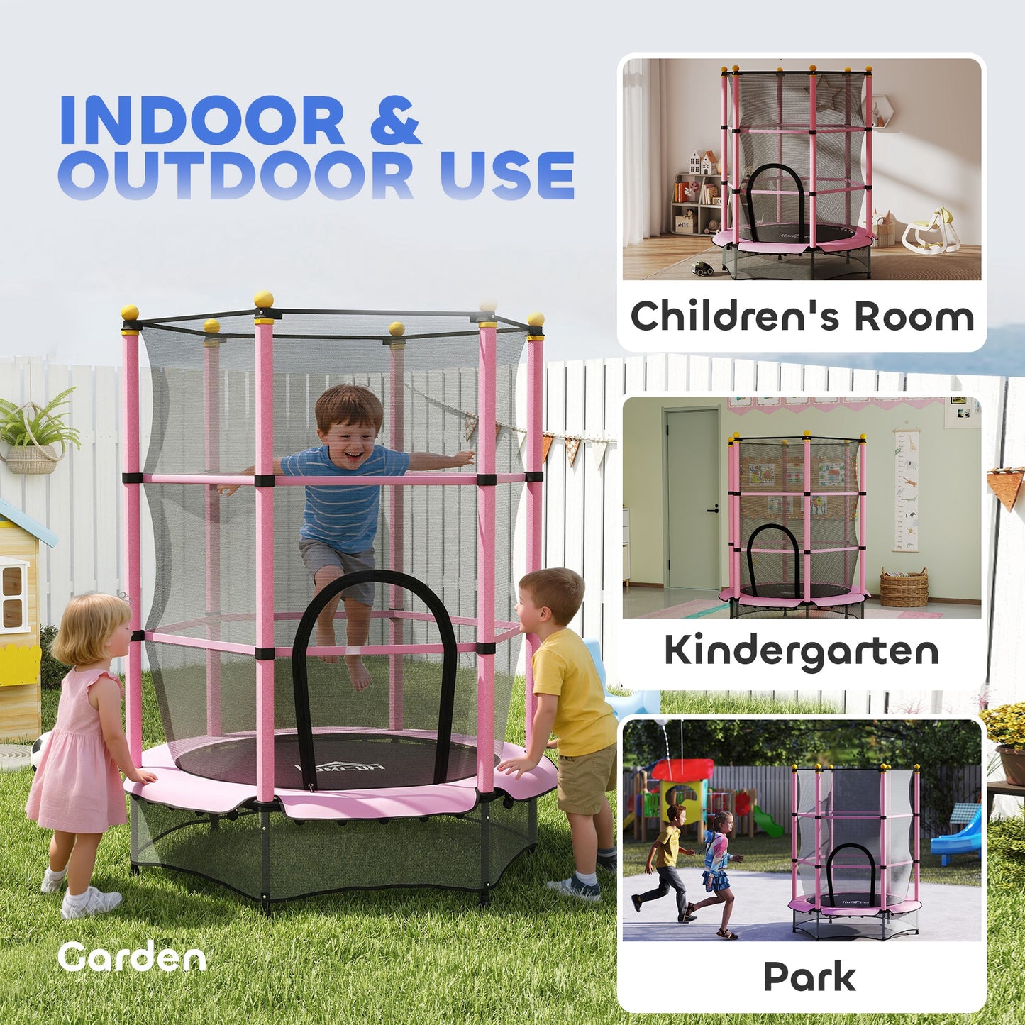 HOMCOM 4.6FT/55" Kids Trampoline with Safety Enclosure, Outdoor Indoor Use, for Ages 3-10 Years, Pink