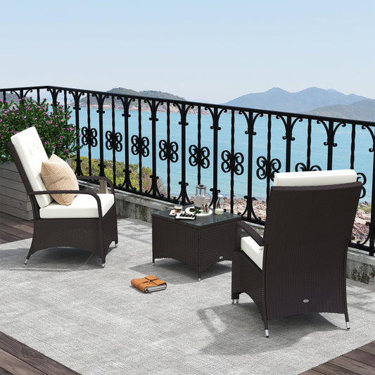 Outsunny 3 Pieces Rattan Bistro Set with Furniture Cover, Wicker Garden Furniture Set, Glass Top Coffee Table and Chairs with Cushions for Outdoor, Patio, Balcony, Cream White