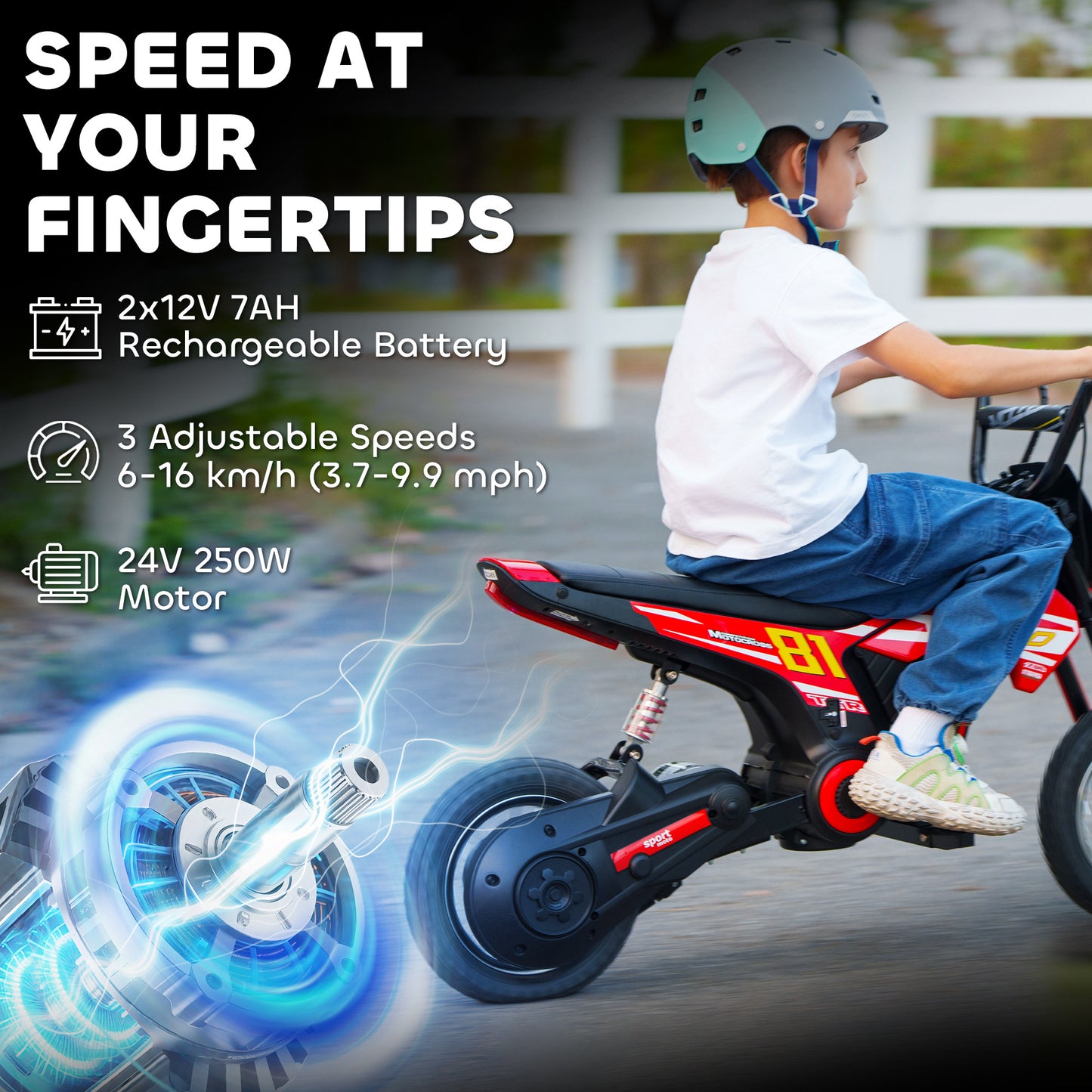 AIYAPLAY Kids Electric Motorbike 3 Gearboxes Speed Ride on Motorcycle with 41min Ranges - Red