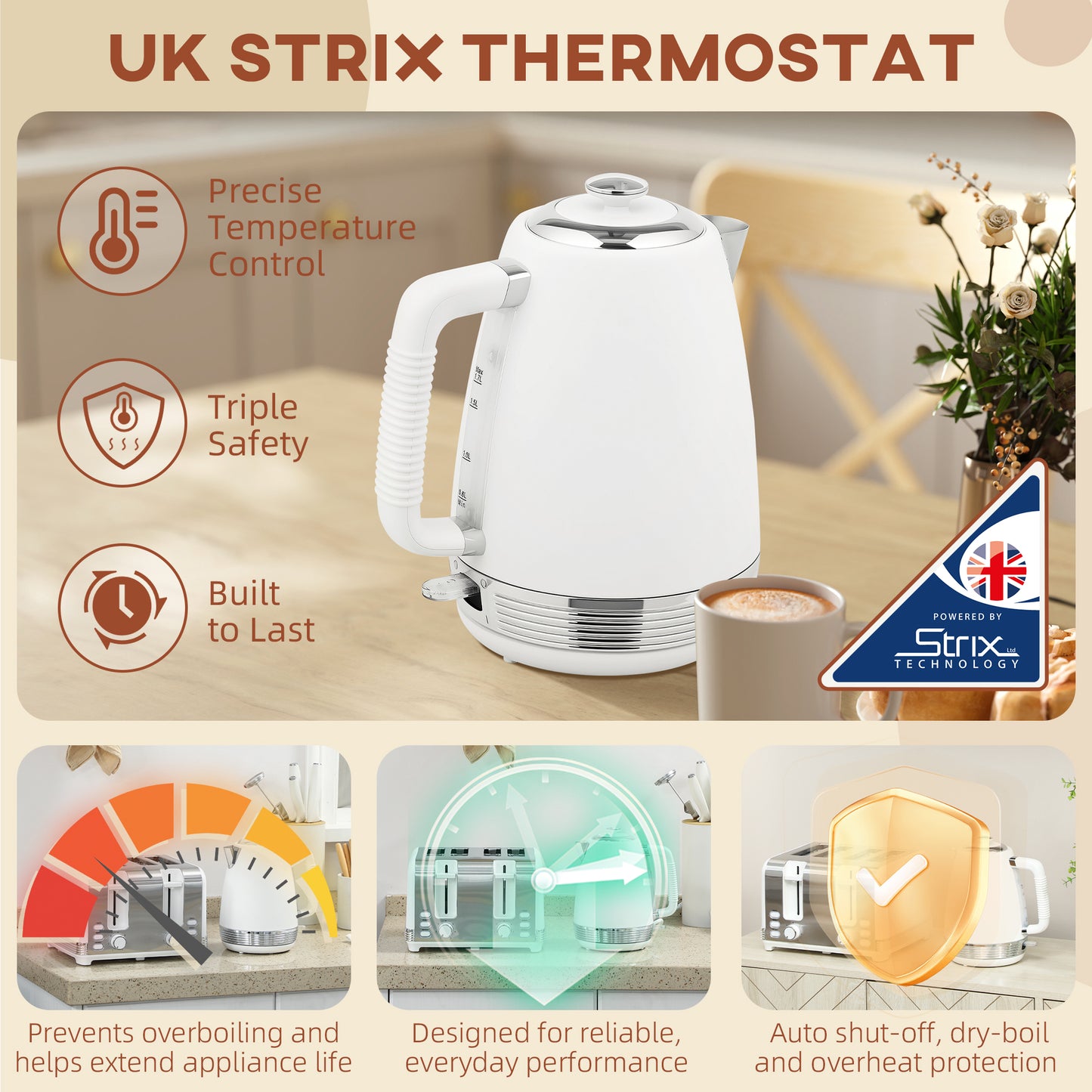 HOMCOM Stainless Steel Kettle and Toaster Set, 1.7L 3000W Rapid Boil Jug Kettle with UK Strix Thermostat, Limescale Filter, 4 Slice Toaster with 7 Browning Controls, Crumb Tray, White and Silver Tone