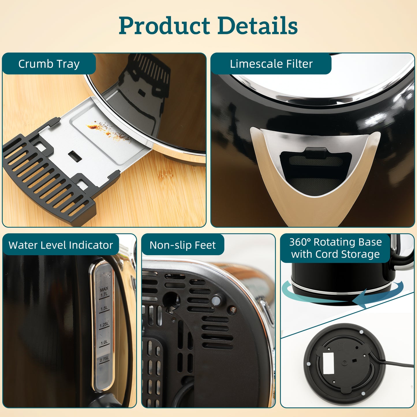 HOMCOM Polished Retro 40-100°C Kettle and Toaster Set - Black