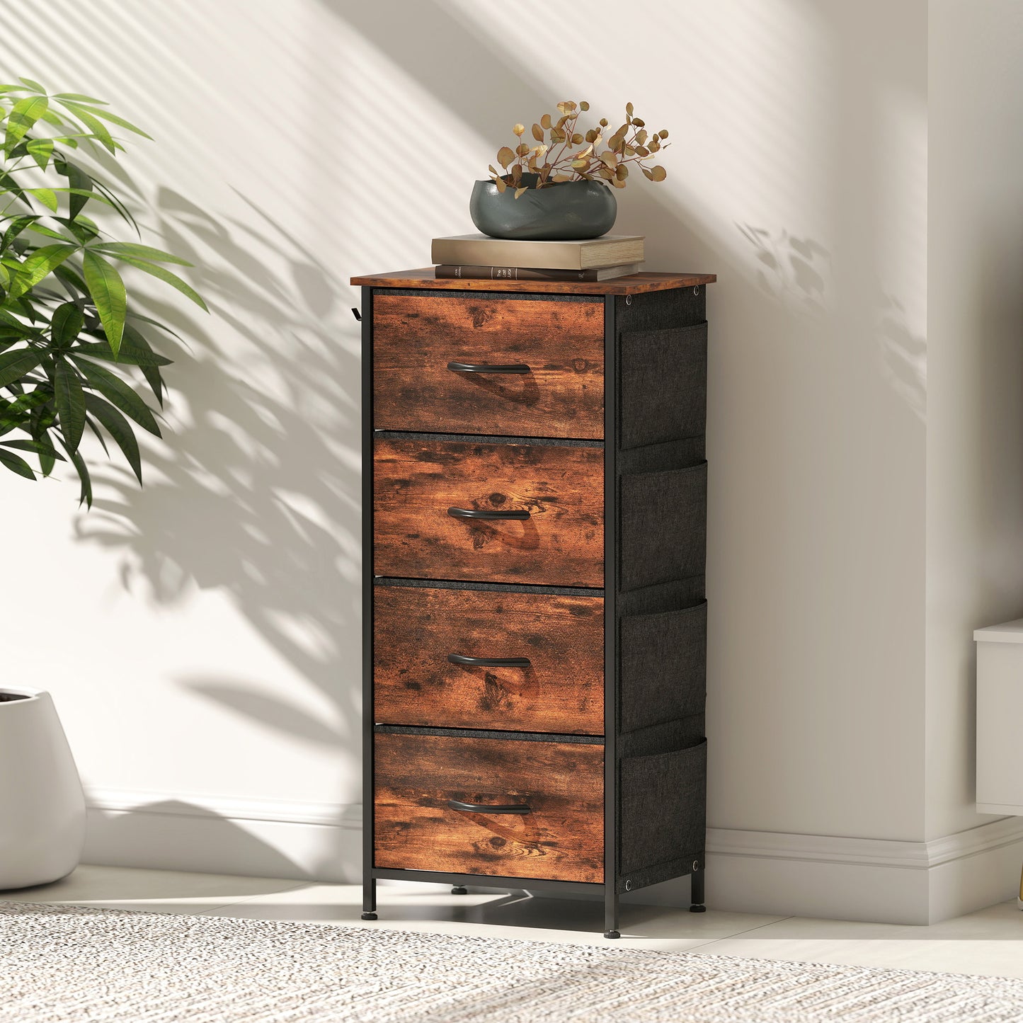 HOMCOM Chest of Four Fabric Drawers - Rustic Brown