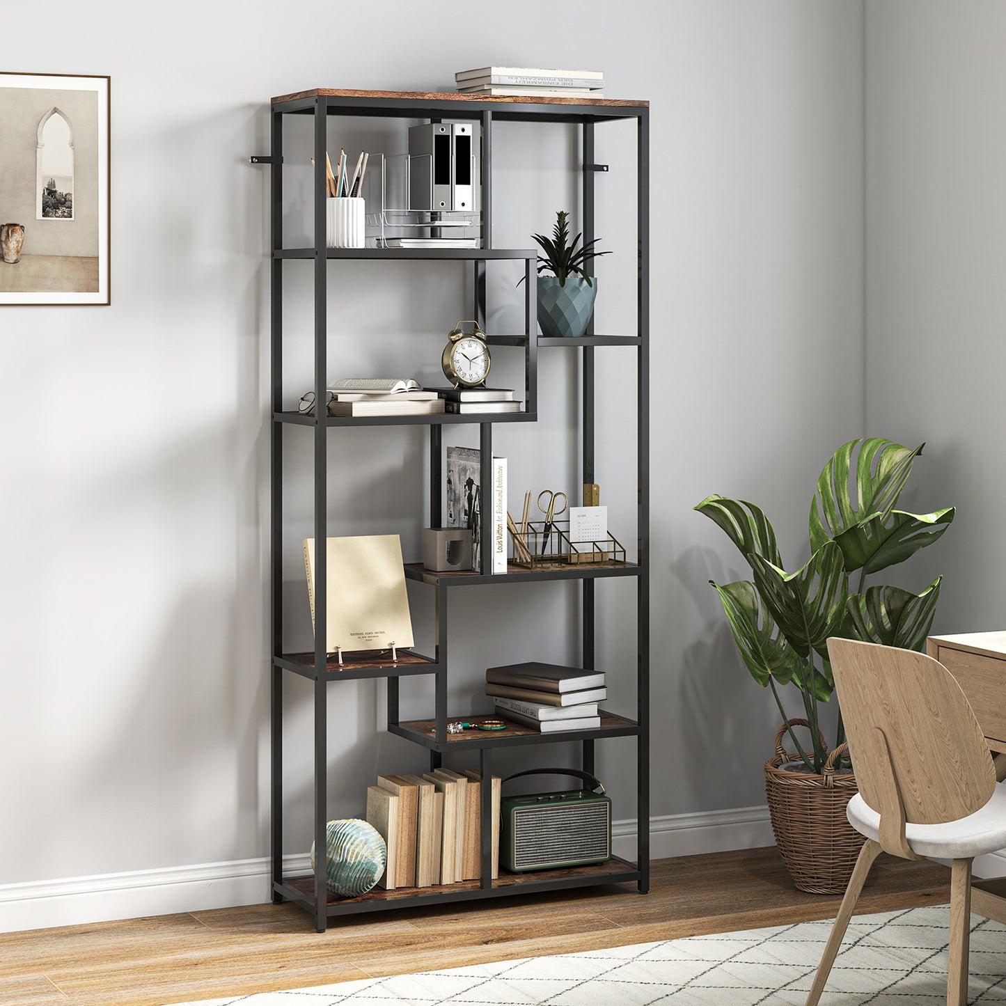 HOMCOM Seven-Tier Geometric Bookcase - Brown/Black