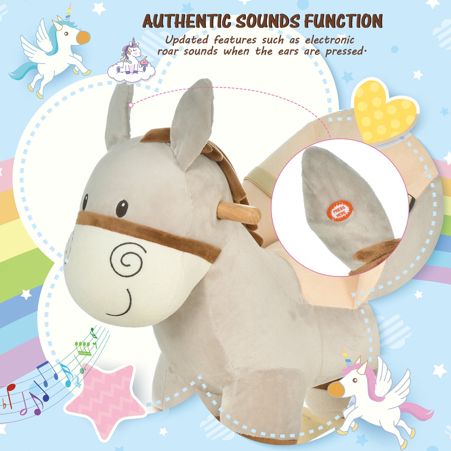 HOMCOM Kids Rocking Horse, Children Plush Ride On Donkey Animal Rocker w/ Sound, Wood Base Seat, Safety Belt, Baby Toy Rocker for Toddler 18 - 36 Months, Grey