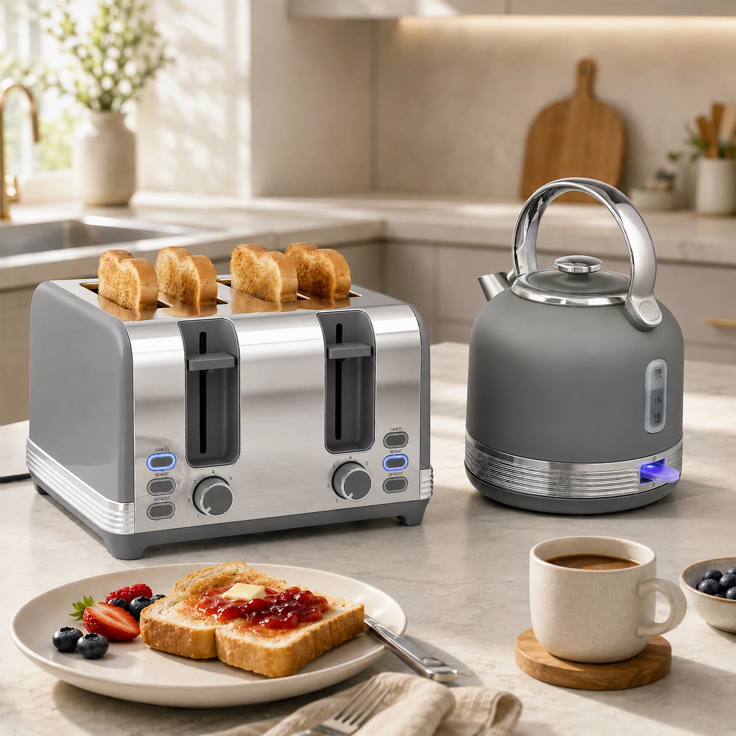 HOMCOM Stainless Steel Kettle and Toaster Set, 1.7L 3000W Cordless Fast Boil Kettle, 4 Slice Toaster Kitchen Set, Grey