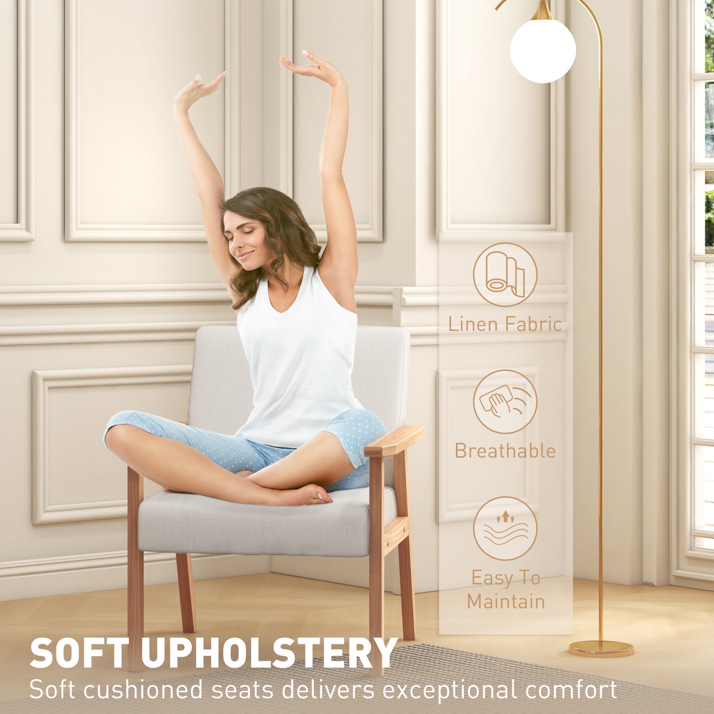 HOMCOM Modern Armchair, Linen Upholstered Sofa with Solid Wood Legs and Wide Seat, Accent Chair for Living Room Bedroom Office, Cream White