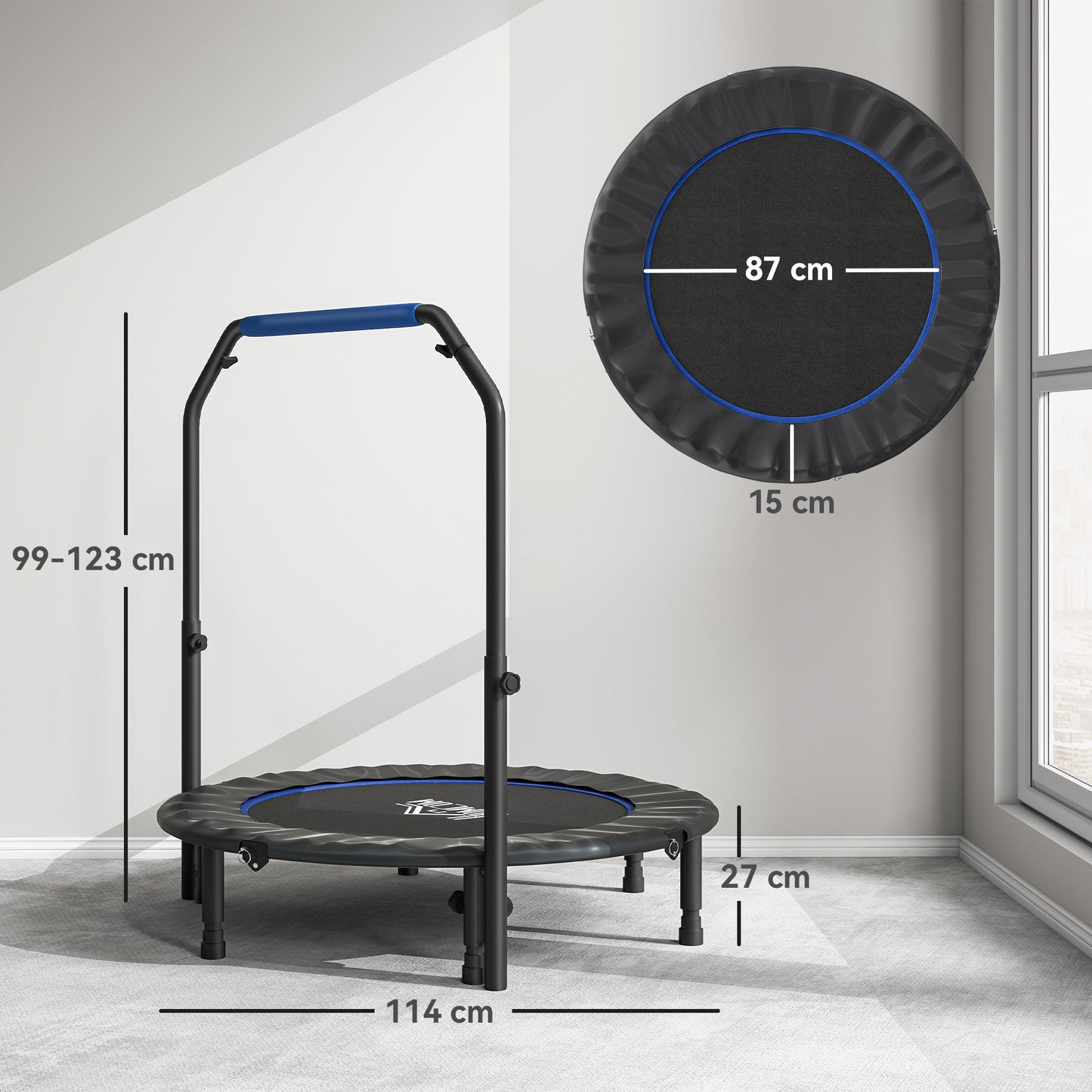 HOMCOM 45" Foldable Mini Fitness Trampoline, with Adjustable Foam Handle, Blue