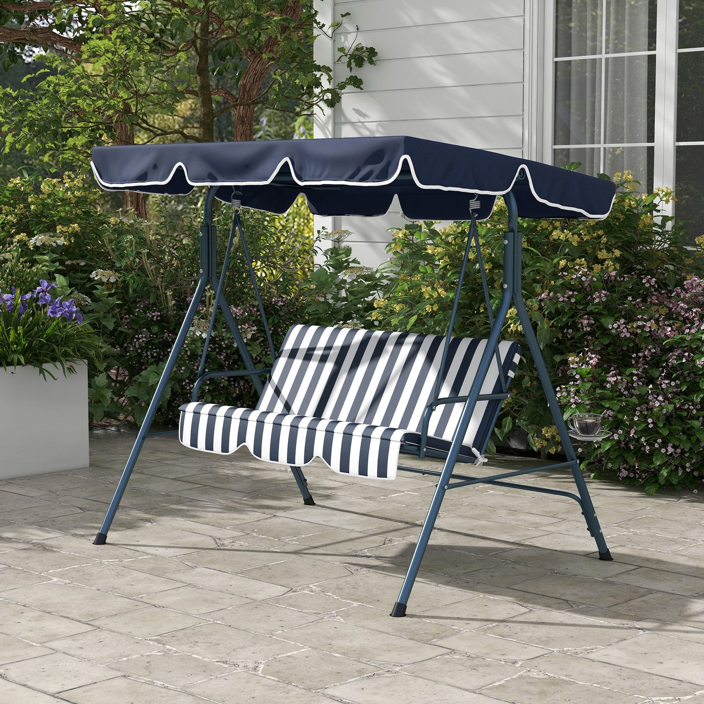 Outsunny 3 Seater Garden Swing Chair, Outdoor Swing Chair with Adjustable Canopy, Mental Frame & Cushions, Blue
