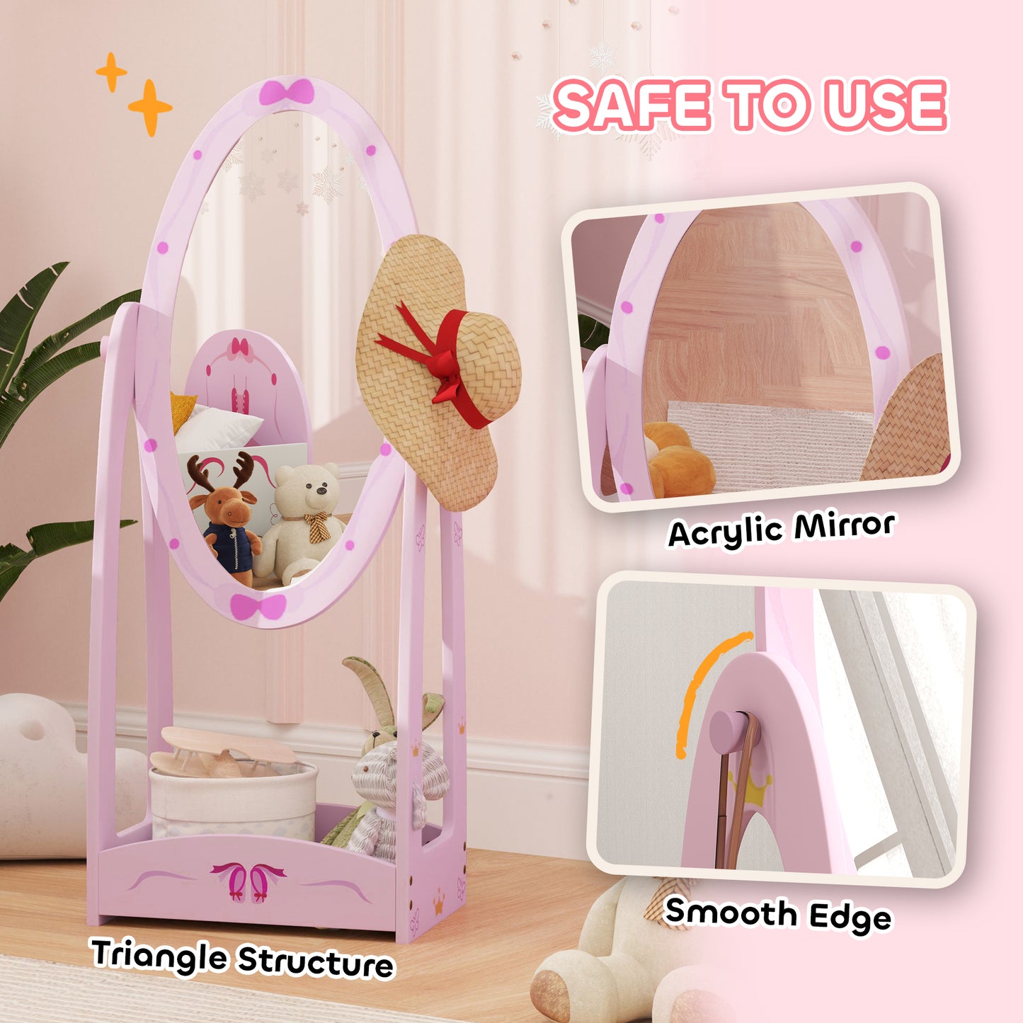 AIYAPLAY Kids Clothes Rail, Kids Dressing Mirror with 360° Rotating, 2 Piece Kids Furniture Set with Storage Shelves, Pink