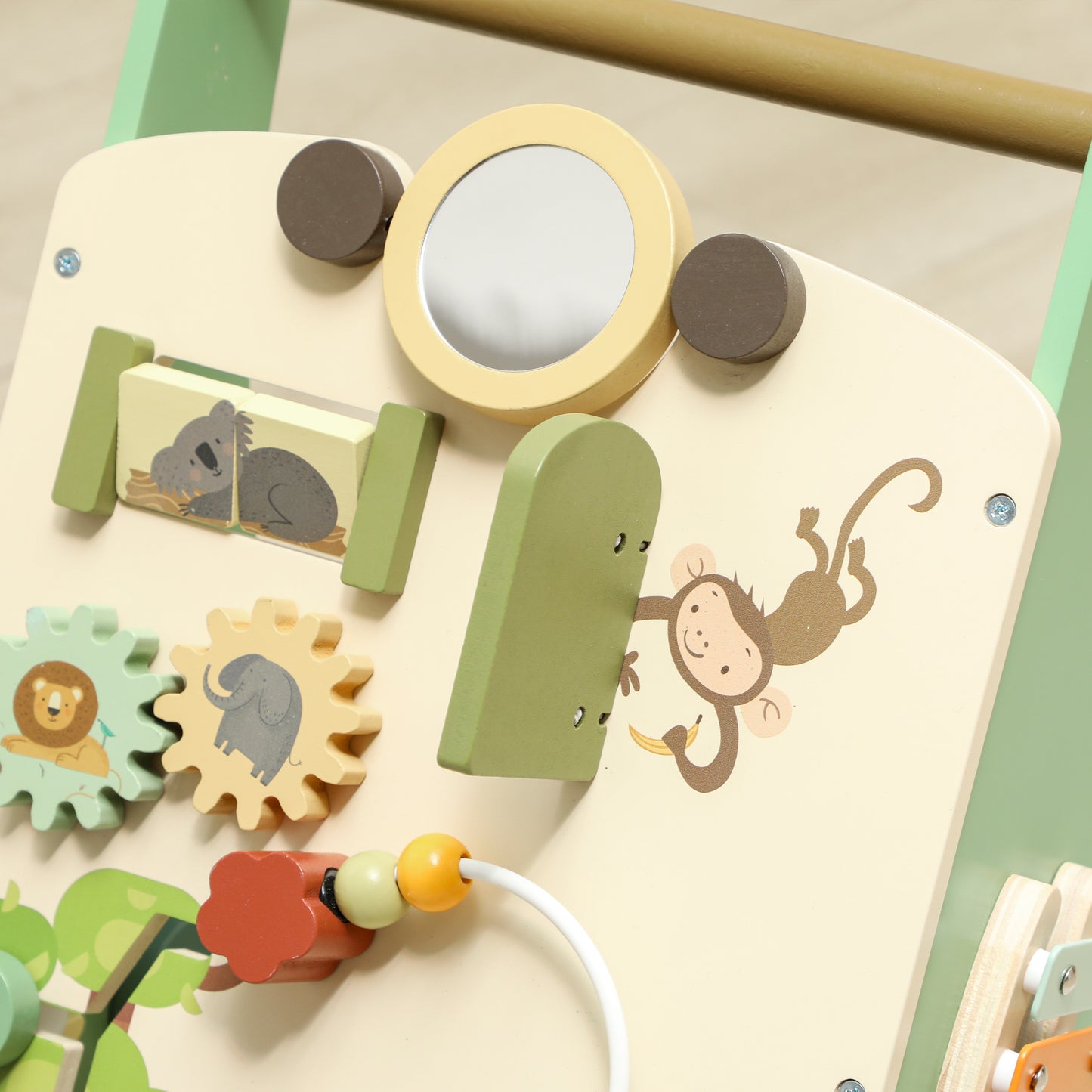 AIYAPLAY Wooden Baby Walker, Push Along Walker Toys with Speed Control, Xylophone, gears and Bead Maze, Green