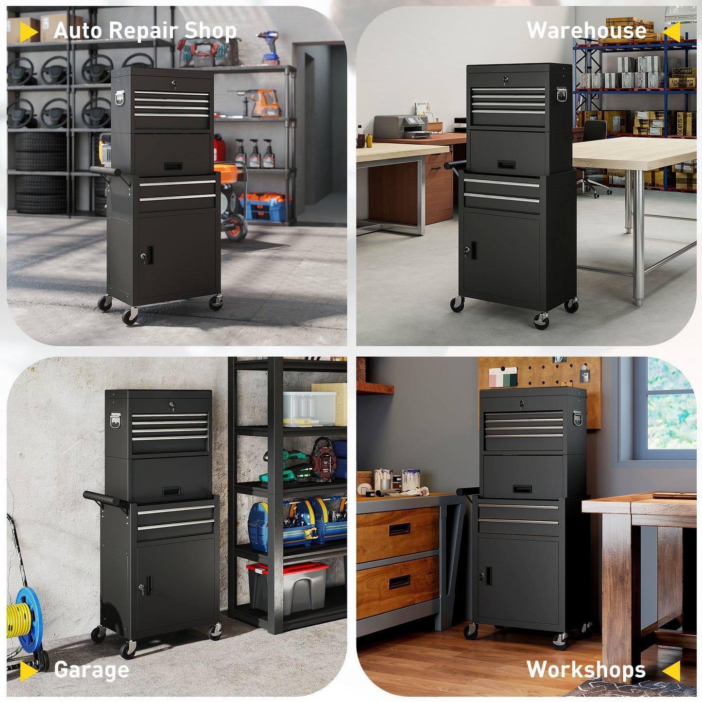 HOMCOM Three-Part Steel Locking Tool Chest - Black