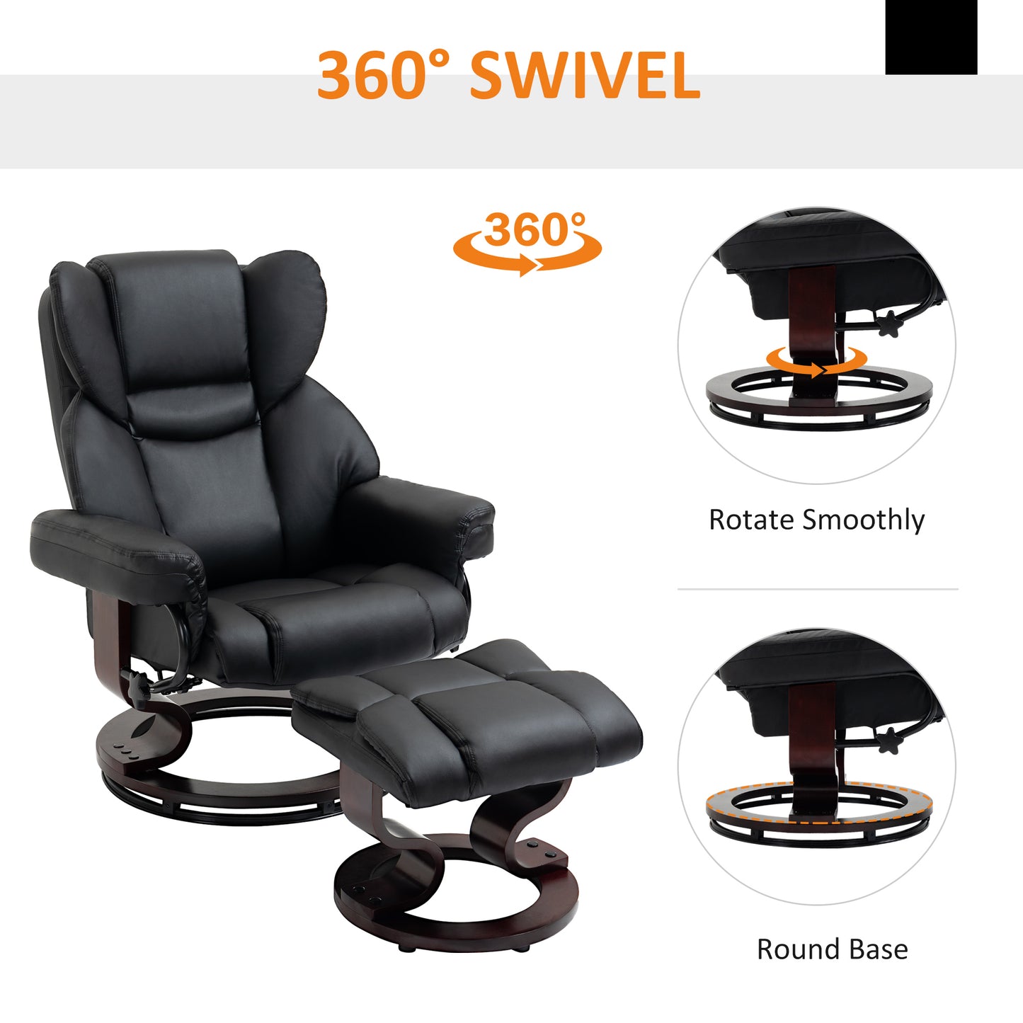 HOMCOM 360° Swivel Recliner Chair with Footstool, PU Leather Manual Recliner Armchair with Footstool, Solid Wood Base, Upholstered Reclining Chair for Living Room, Bedroom, Office, Black