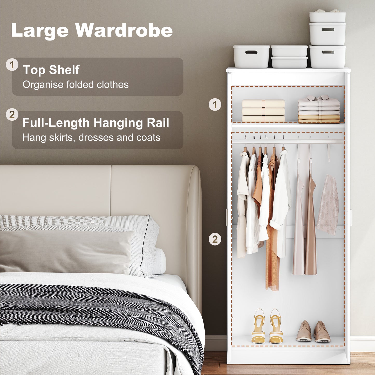 HOMCOM High Gloss 3 Piece Trio Bedroom Furniture Set Wardrobe + Chest Of Drawer + Bedside White