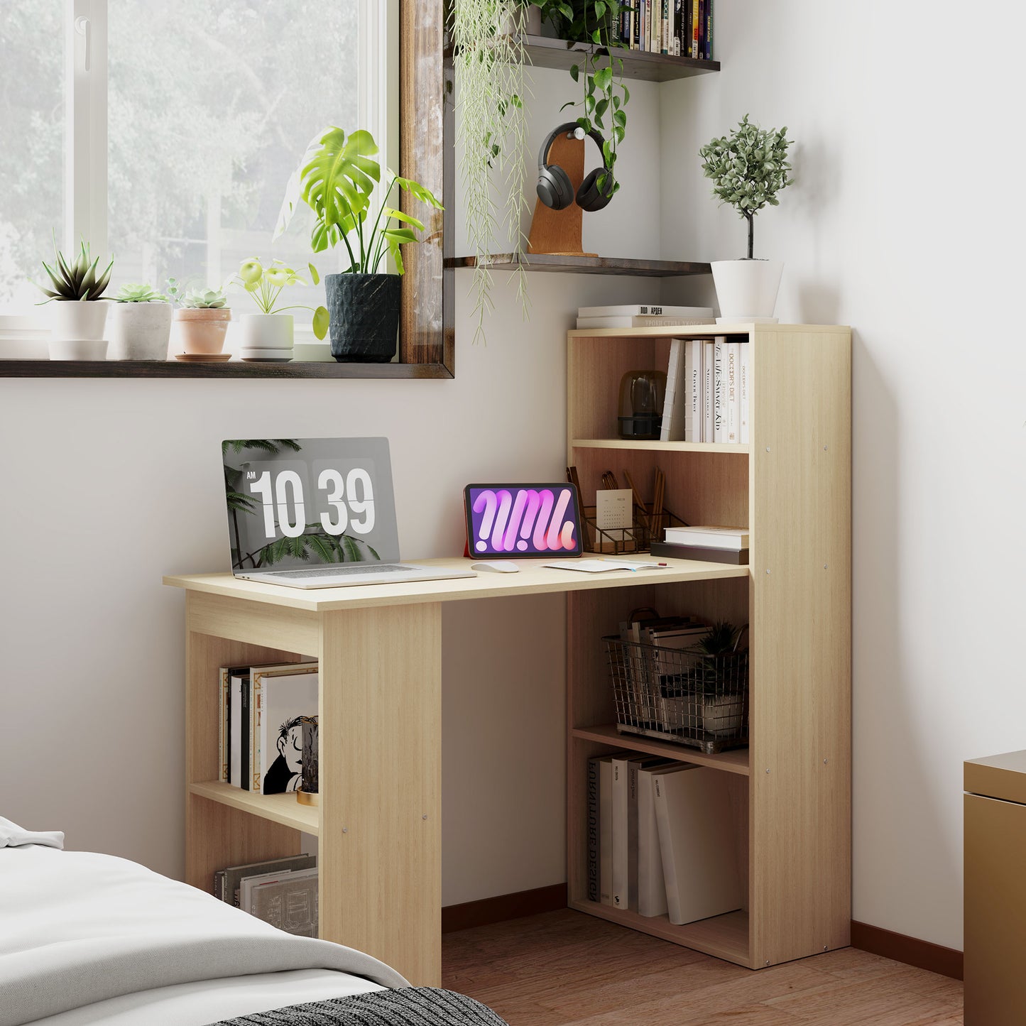 HOMCOM 120cm Computer Desk, Wooden PC Laptop Table with 6-Tier Storage Bookshelves, Home Office Working Study Desk, Writing Workstation, Natural Wood